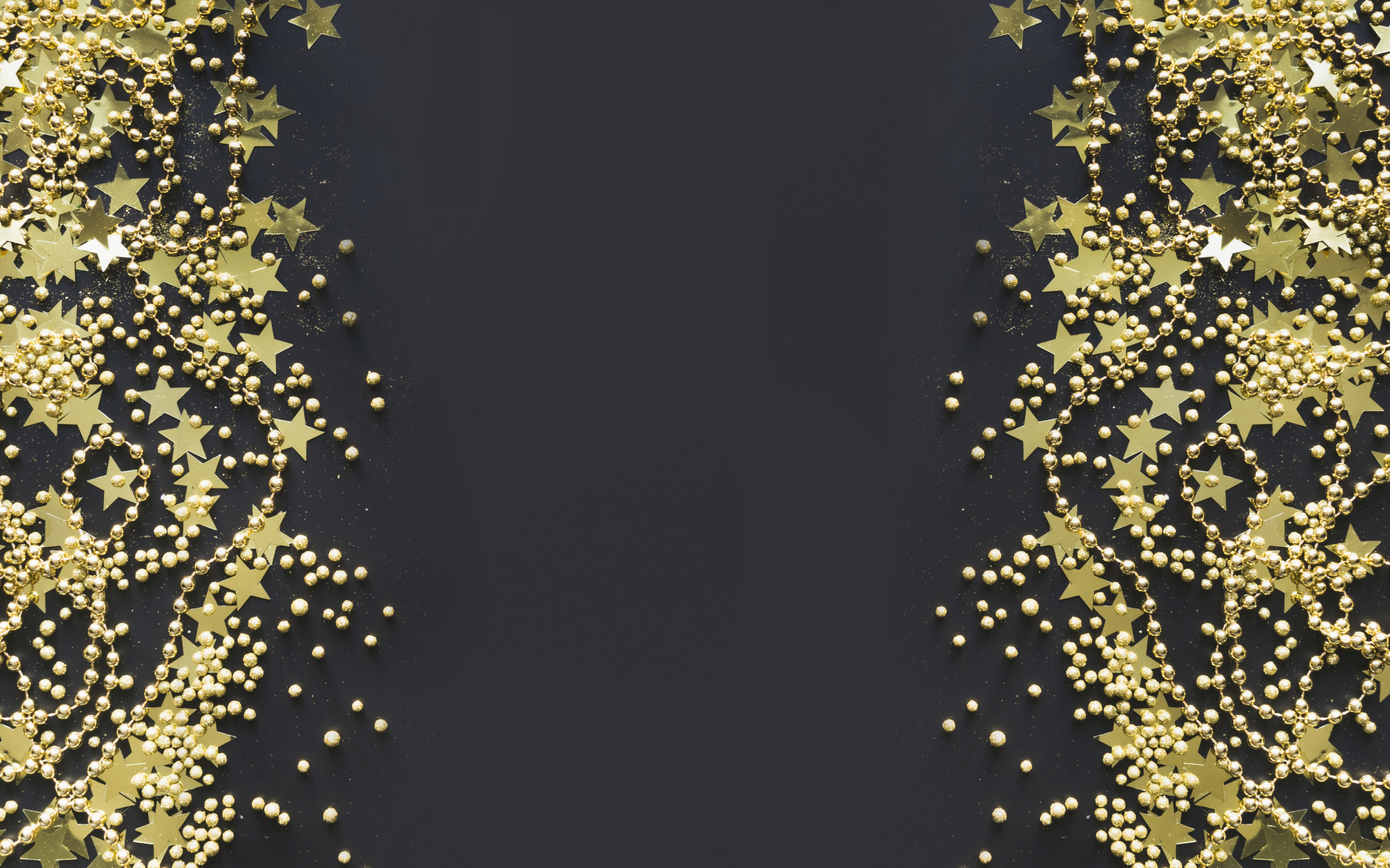 Download wallpaper Black background with golden stars, Christmas background, golden stars, Happy New Year, Christmas, xmas for desktop with resolution 2880x1800. High Quality HD picture wallpaper