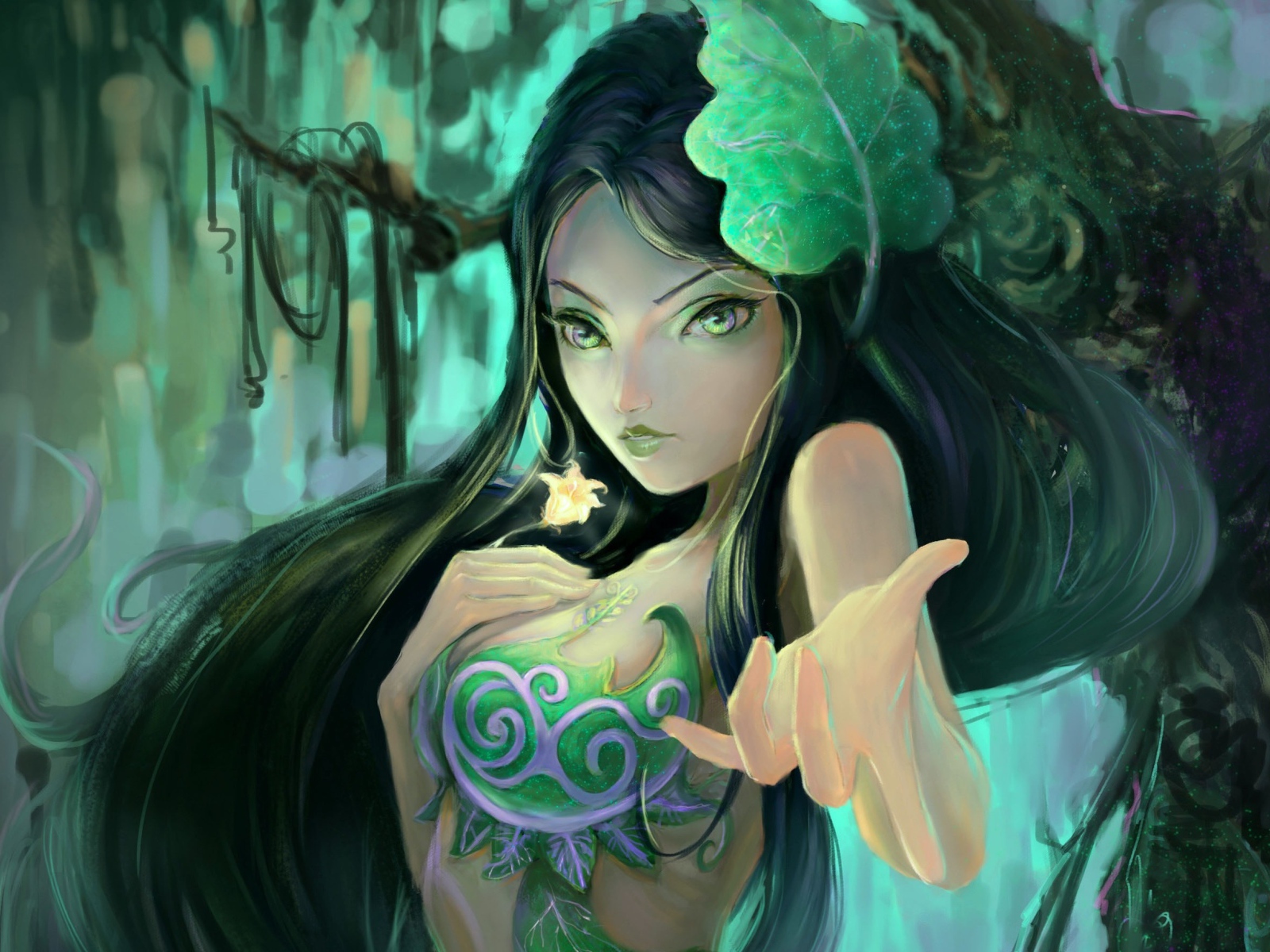 Hands, Leaves, Long hair, Dryad Desktop wallpaper 1600x1200