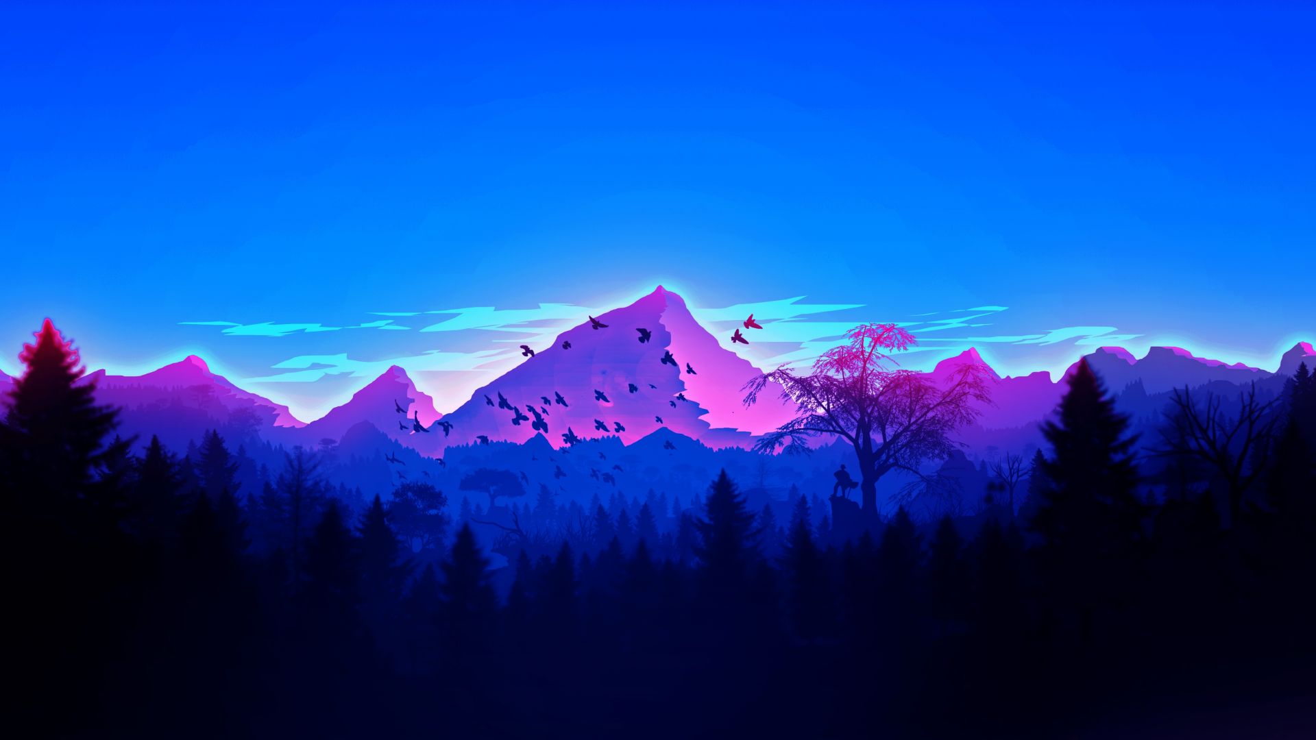 Desktop wallpaper mountain, peaks, birds, horizon, digital art, HD image, picture, background, dea621