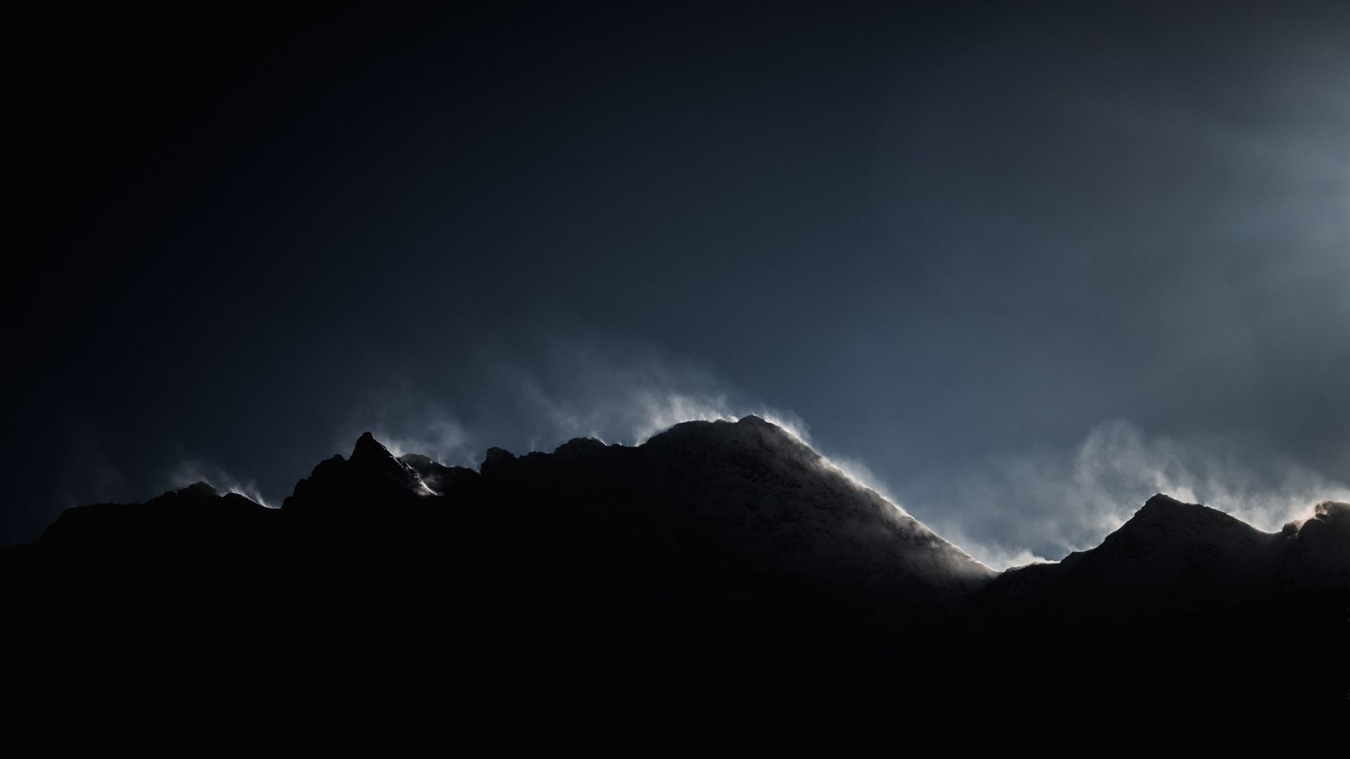 Desktop wallpaper dark, mountains, peak, fog, HD image, picture, background, 2c3c7f