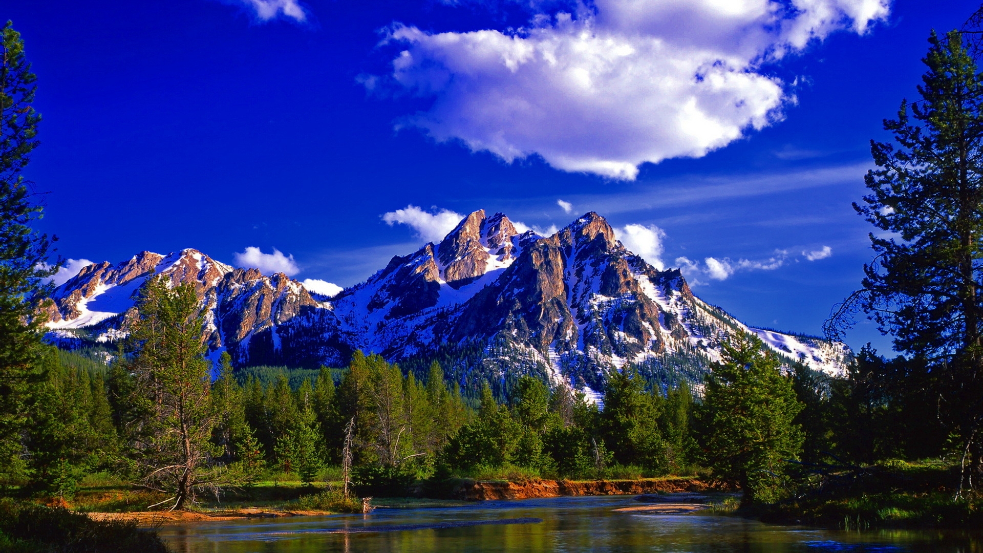 Download Wallpaper 1920x1080 mountain, peak, summit, forest, summer, lake, day, landscape Full HD 1080p HD Background