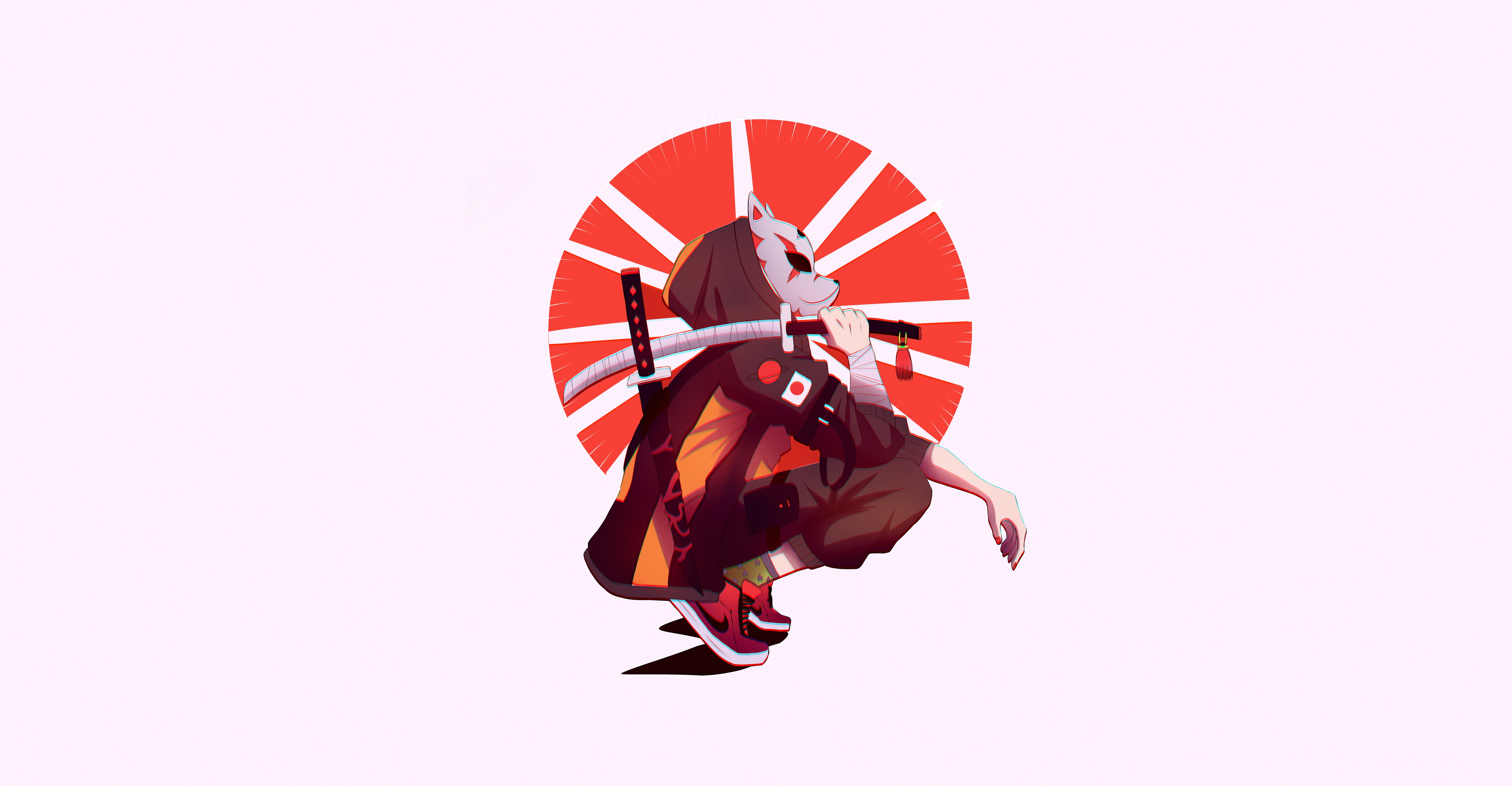 Wallpaper, simple background, artwork, sword, weapon, Japan, Asia, mask 5000x2600