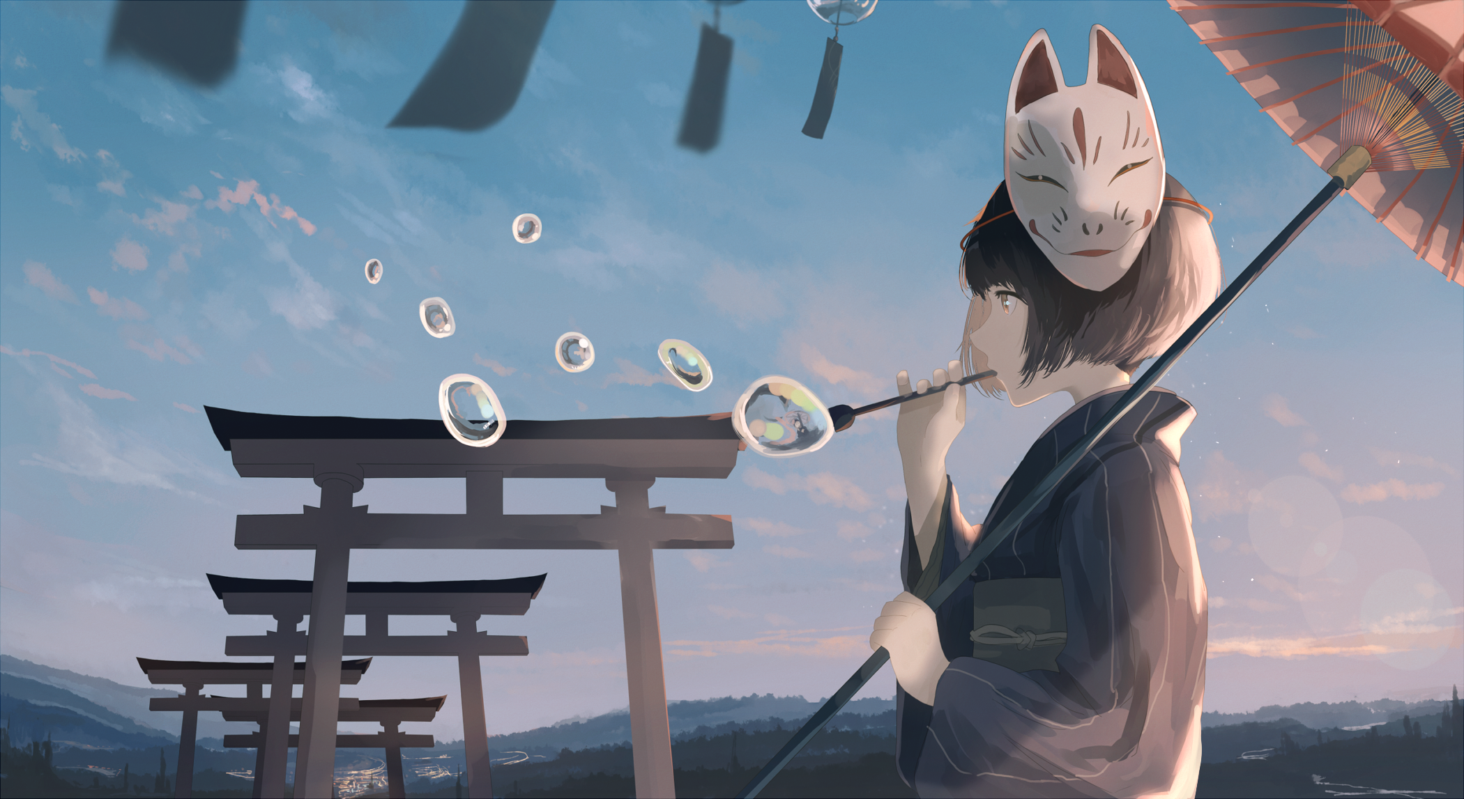 Bubble Girl Japanese Clothes Mask Sky Torii Umbrella Wallpaper:2100x1147