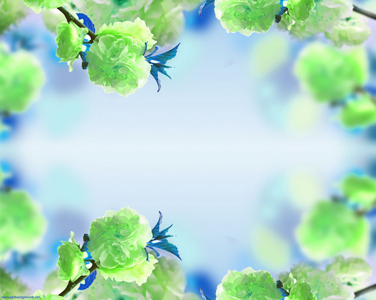 Blue Background Green Flower Frame Background For PowerPoint PPT