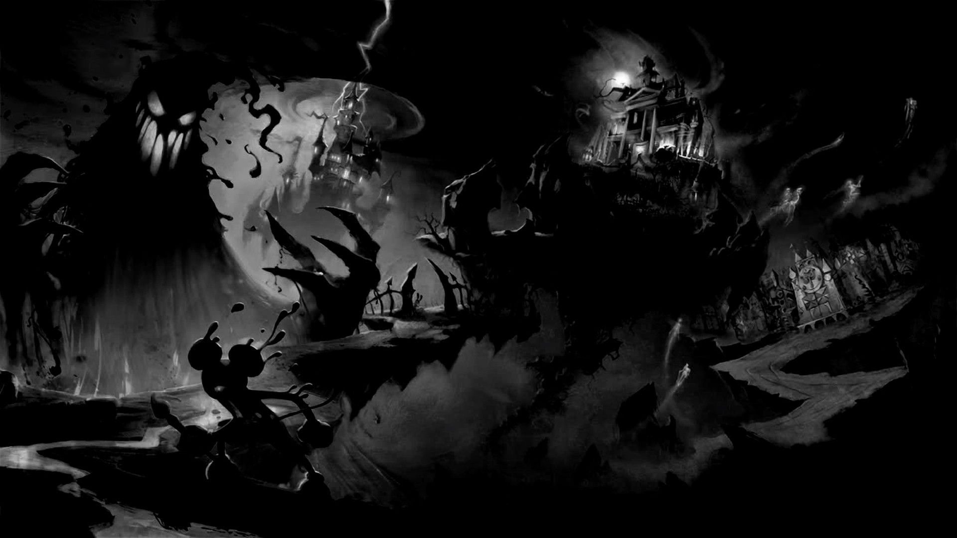 Disney Mickey Mouse Horror Halloween Haunted Wallpaper Black And White Background HD Wallpaper