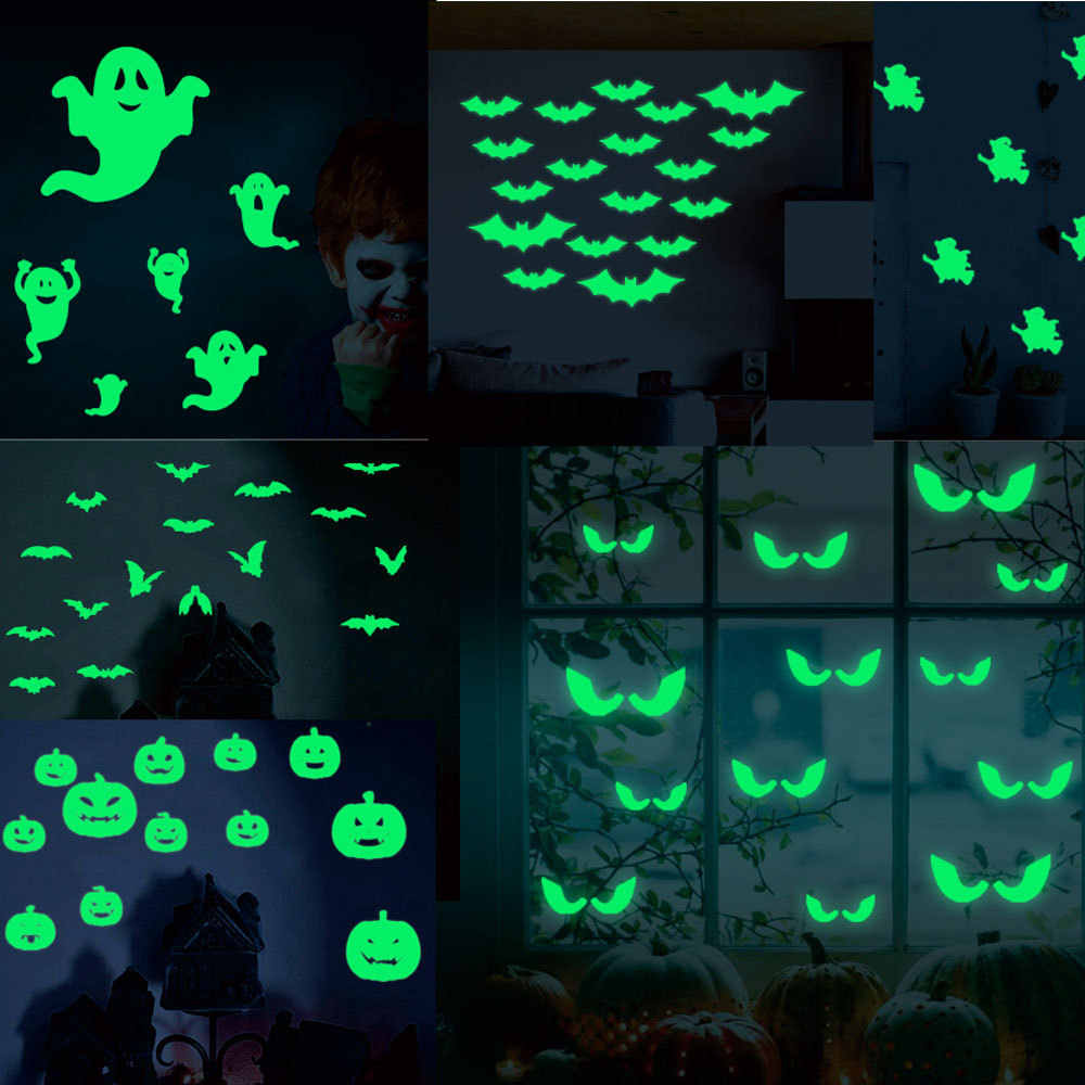 Halloween Fluorescent Wallpaper Poster Glow in the Dark Bat witch Ghost Glow Sticker Home Bedroom Decor Luminous Art decal. Wall Stickers