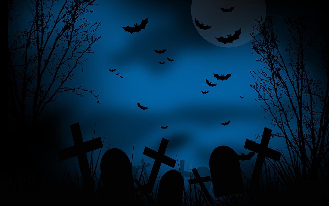 HALLOWEEN. Dark graveyard scene on Halloween night with lots of bats. Halloween background, Free halloween, Scary halloween background
