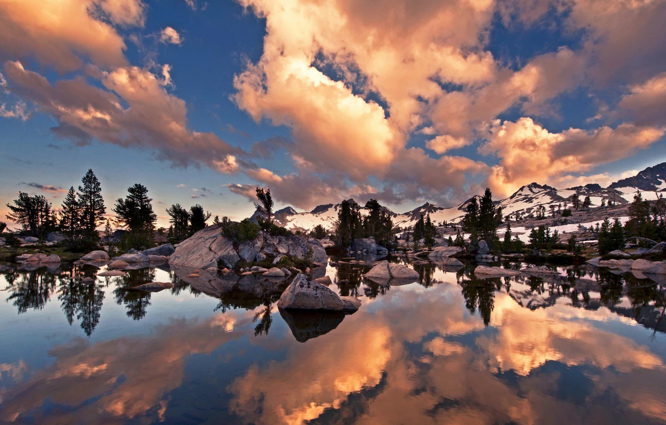 Wallpaper clouds, trees, lake, rocks, CA, USA, John Muir Trail image for desktop, section природа