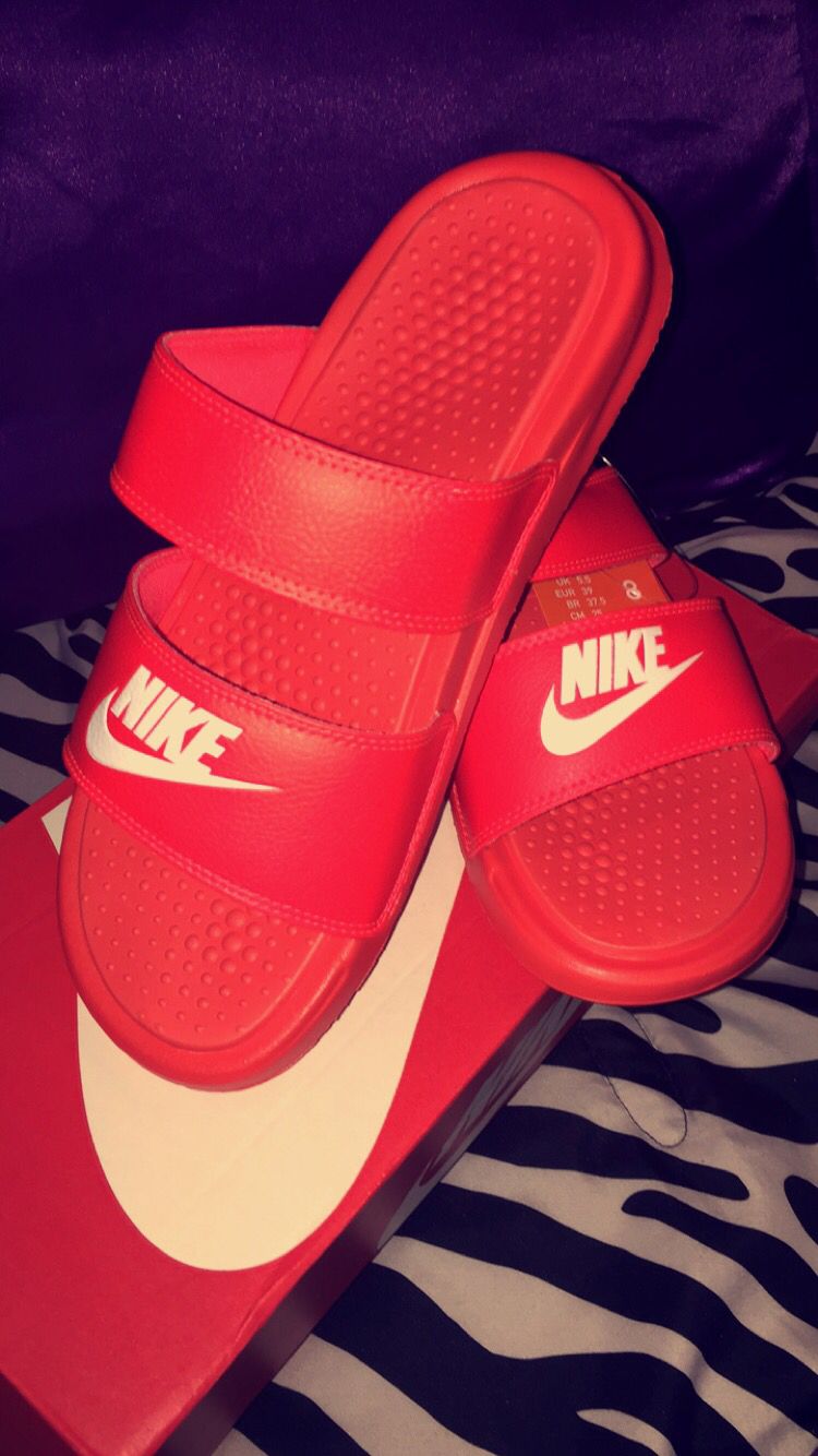 Red nike double strap on sale slides