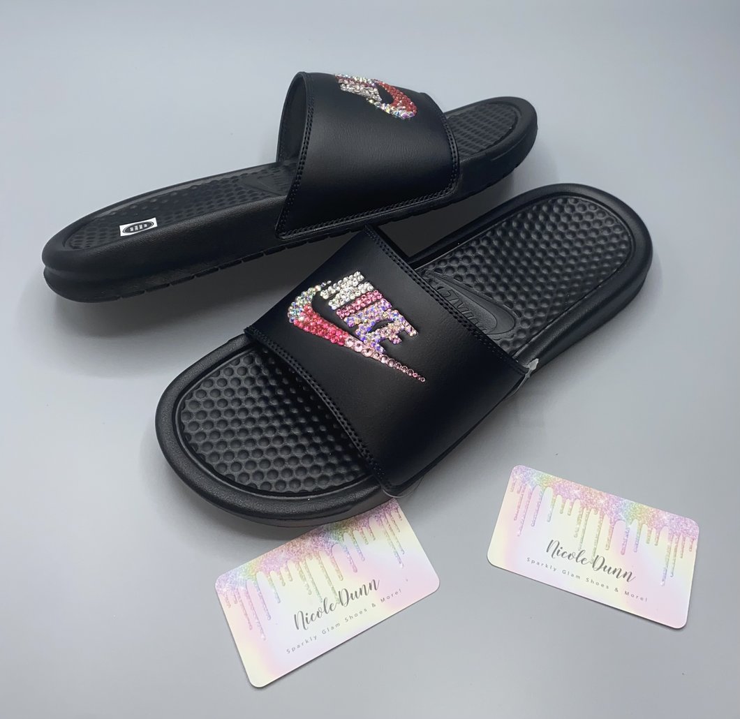 Bedazzled Swarovski Crystal & Pink Mix Nike Slides In Black