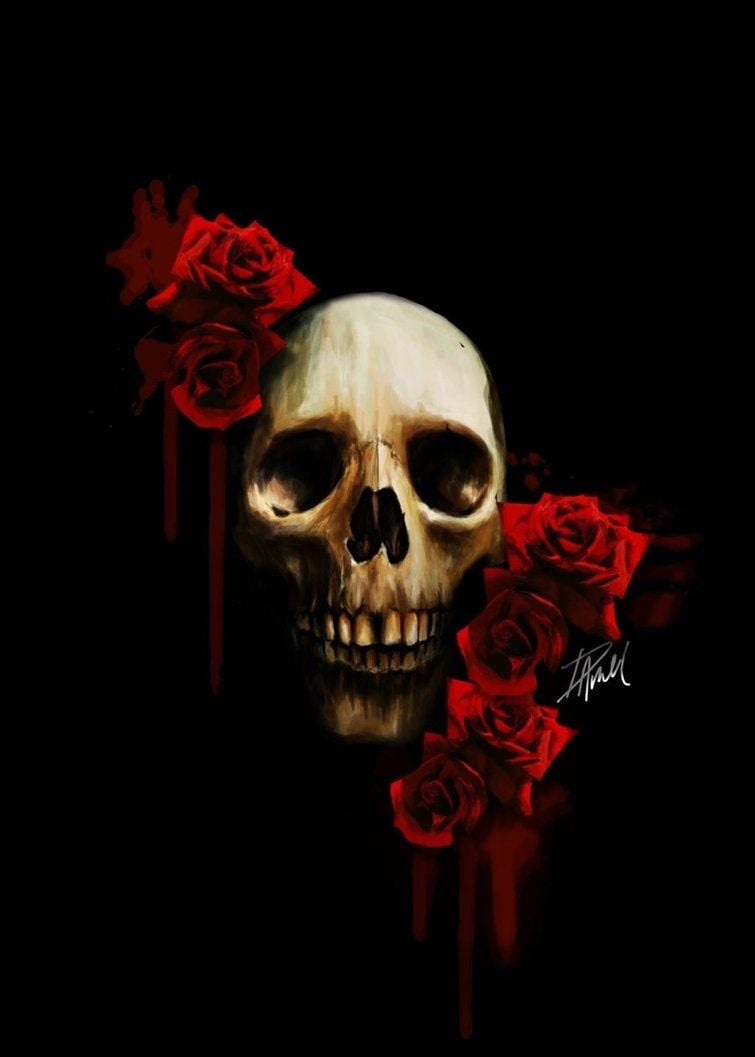 Black Skull with Rose Wallpaper
