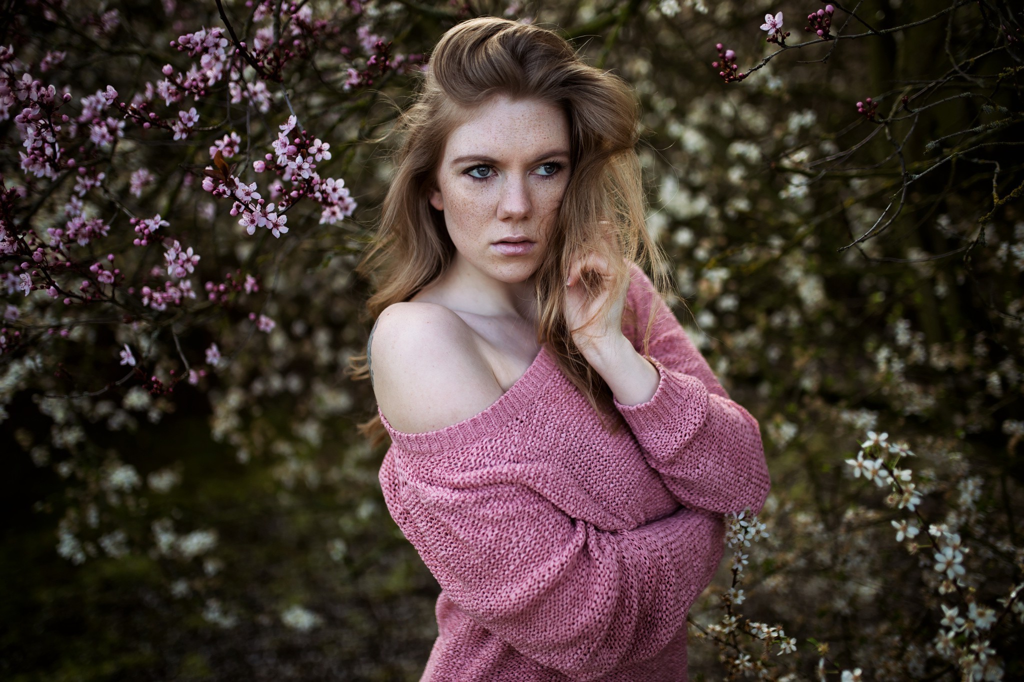 women redhead freckles looking away pale women outdoors face sweater no bra spring portrait wallpaper