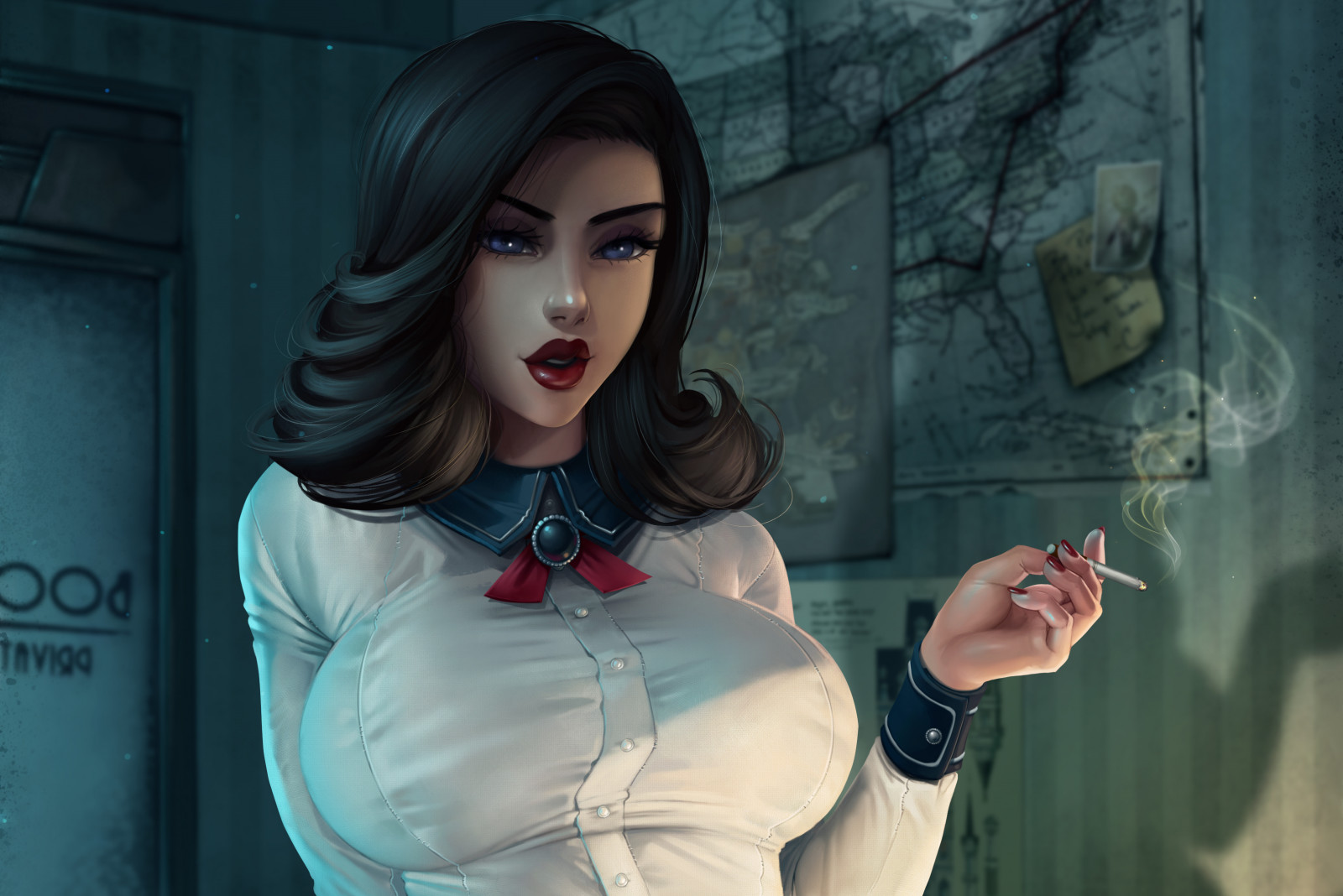 Wallpaper, Elizabeth Comstock, BioShock Infinite, BioShock Infinite Burial at Sea, women, video games, video game characters, video game girls, black hair, portrait, blue eyes, looking at viewer, parted lips, red lipstick