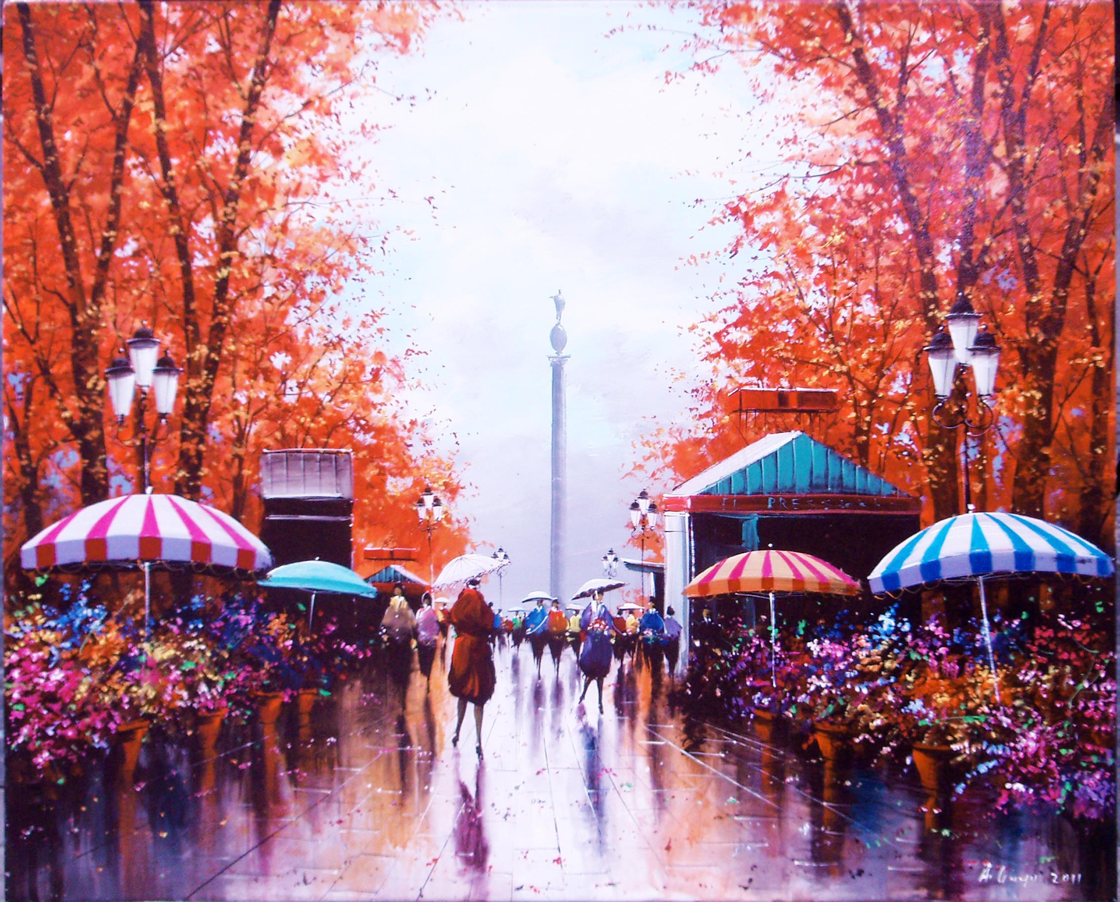 barcelona, Aeyaeyview, Of, Columbus, Circle, Trees, People, Rain, Autumn, Painting, Umbrella Wallpaper HD / Desktop and Mobile Background