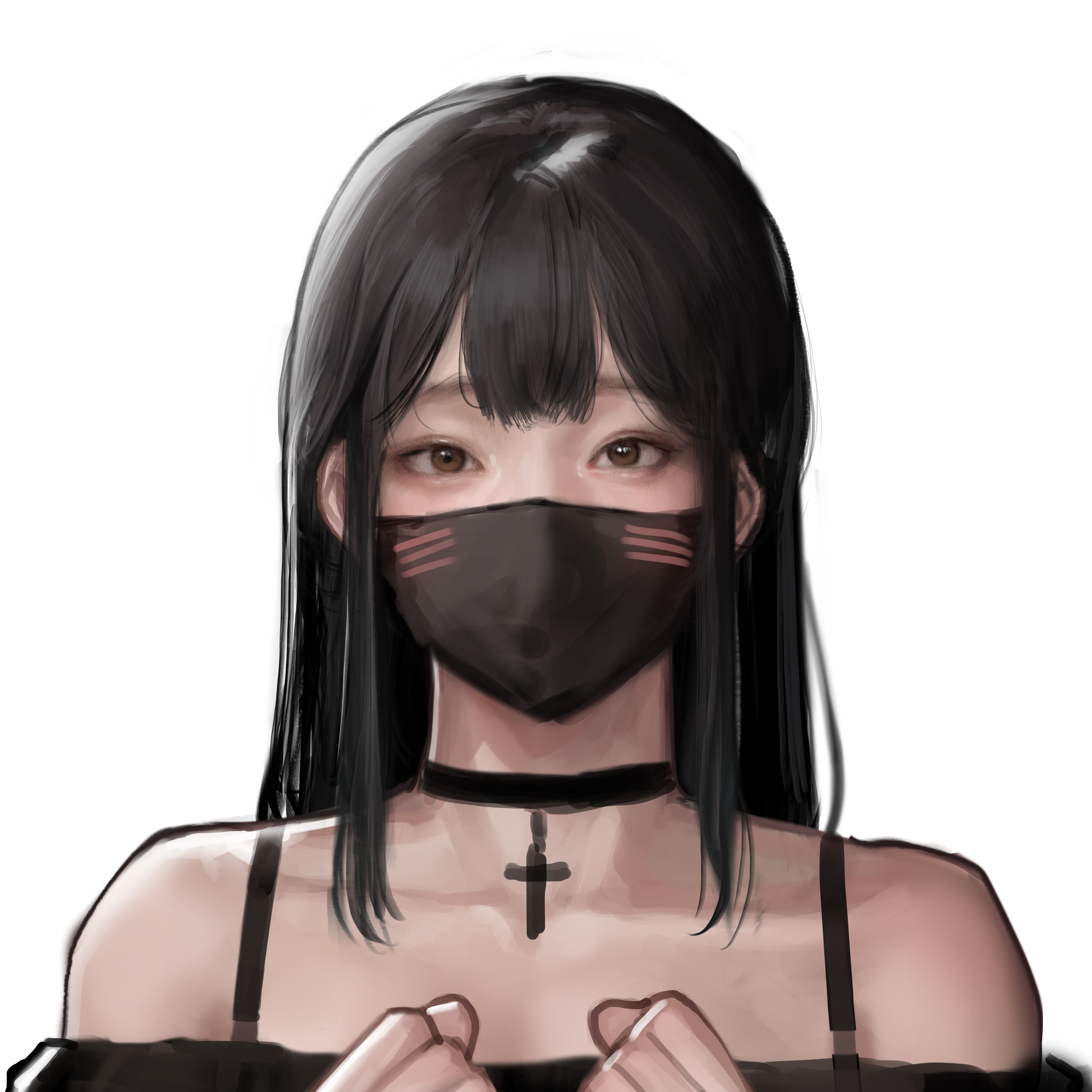 Anime Girls Black Hair Brown Eyes Asian Mask Digital Art Artwork White Background Wallpaper:5000x5000