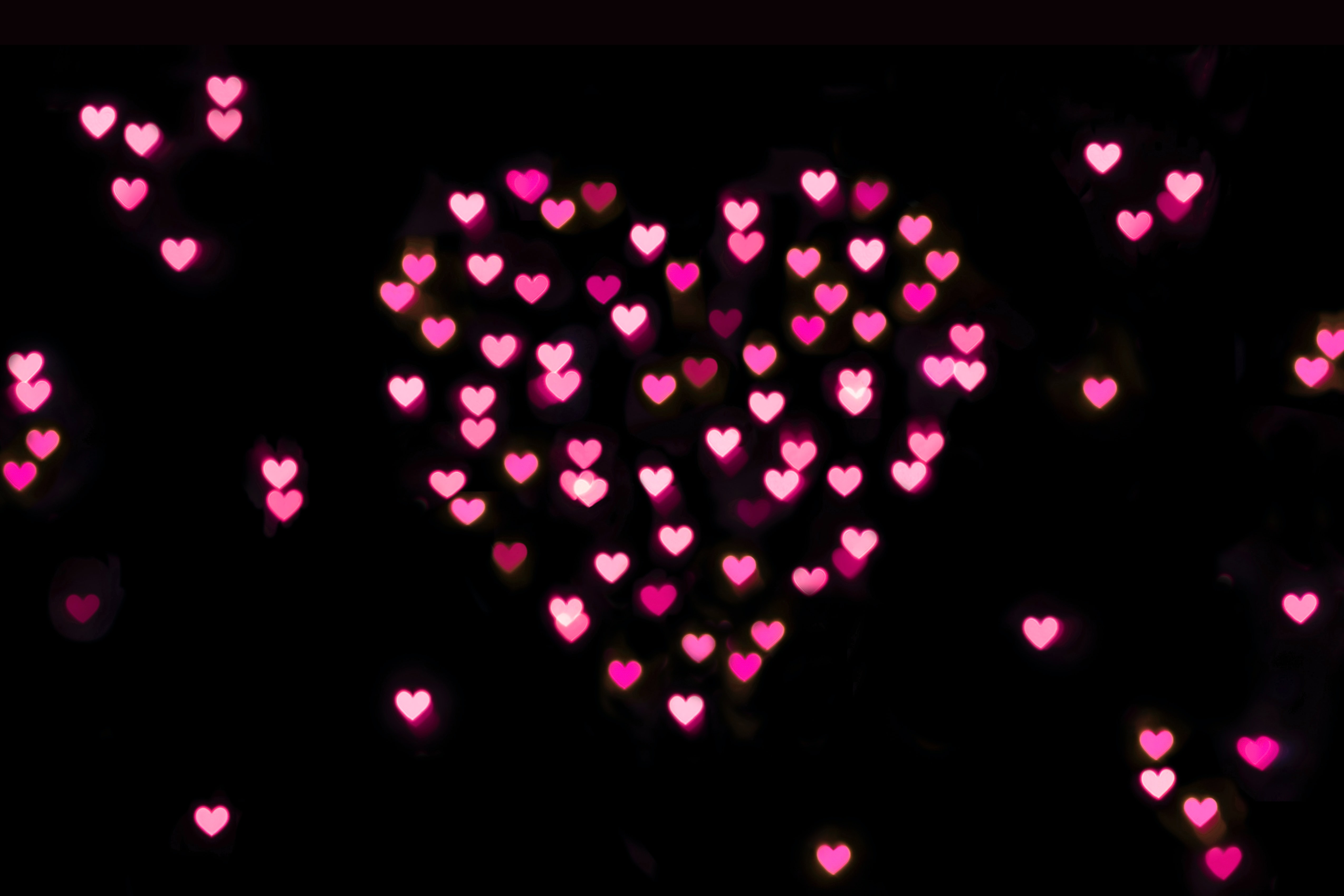 Pink hearts Wallpaper 4K, Black background, Bokeh, Glowing lights, Vibrant, Love