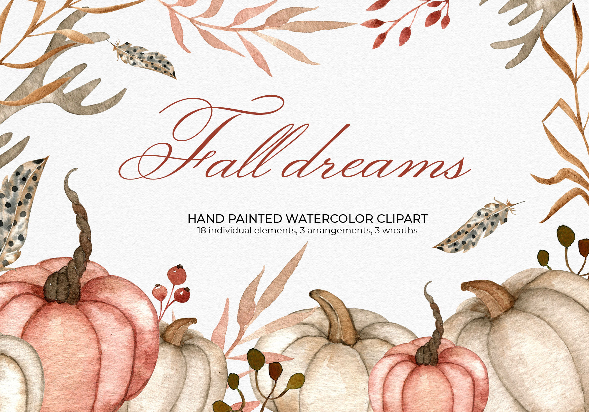 Watercolor Pumpkins, Antlers, Feathers Graphic by RedDotsHouse · Creative Fabrica