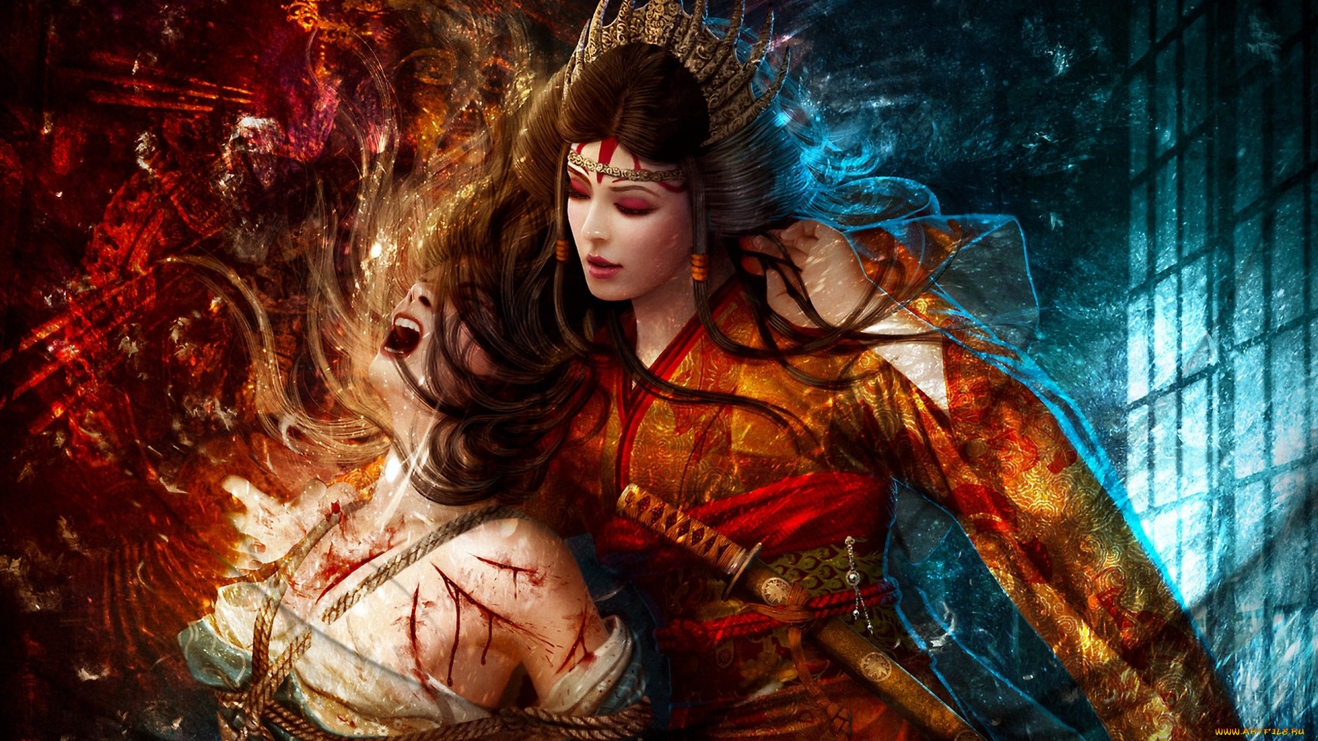 Wallpaper, 1920x1080 px, ART, blood, fantasy, females, girls, warrior, weapons, women 1920x1080