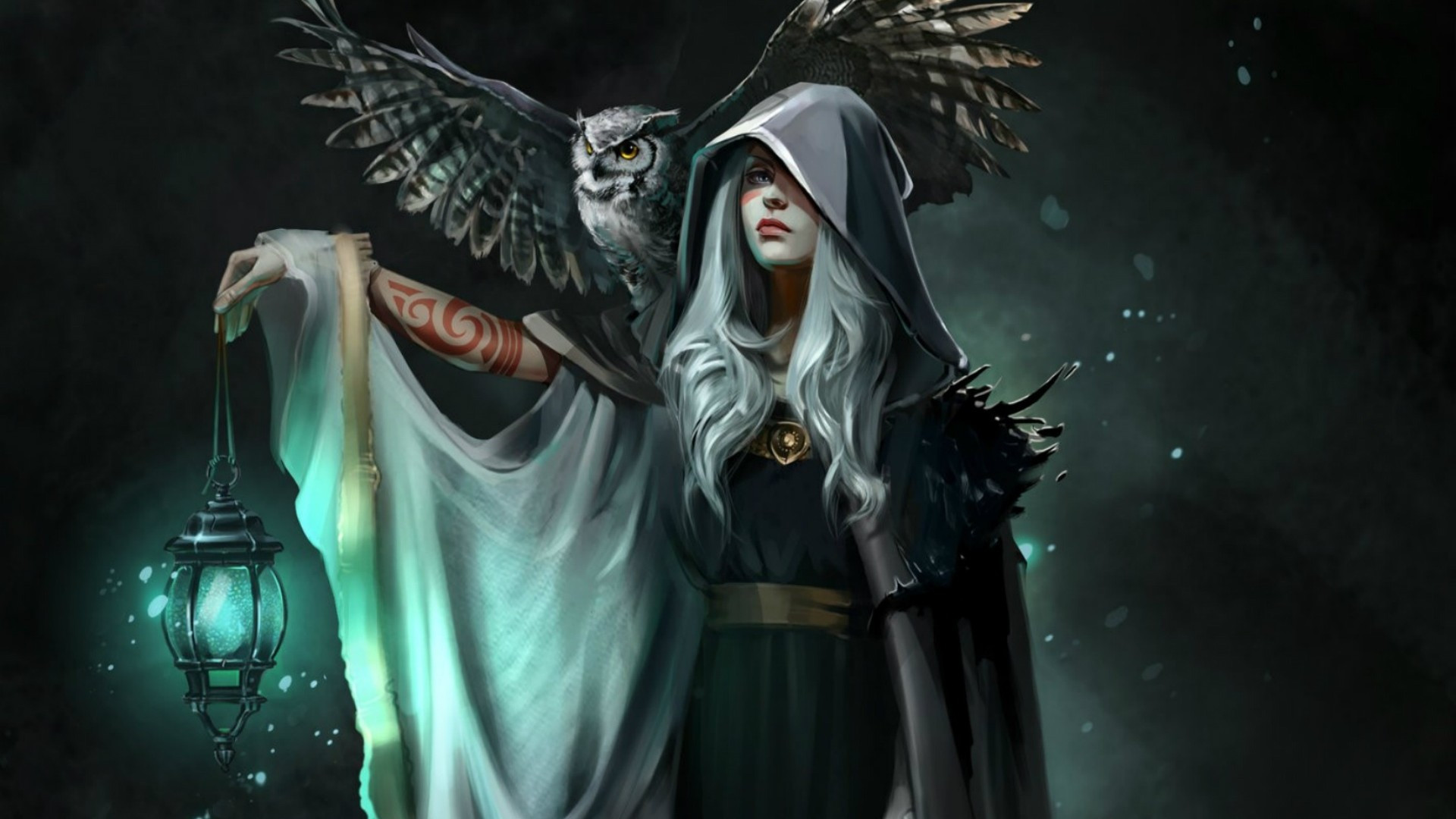 Download 1920x1080 Fantasy Women, Hood, Owl, Lantern, Tattoo, White Hair, Cape Wallpaper for Widescreen