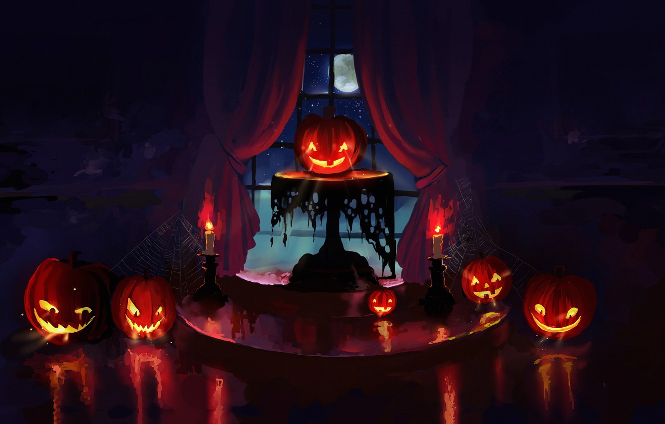 Wallpaper holidays, halloween, night, art, candles, pumpkin image for desktop, section праздники