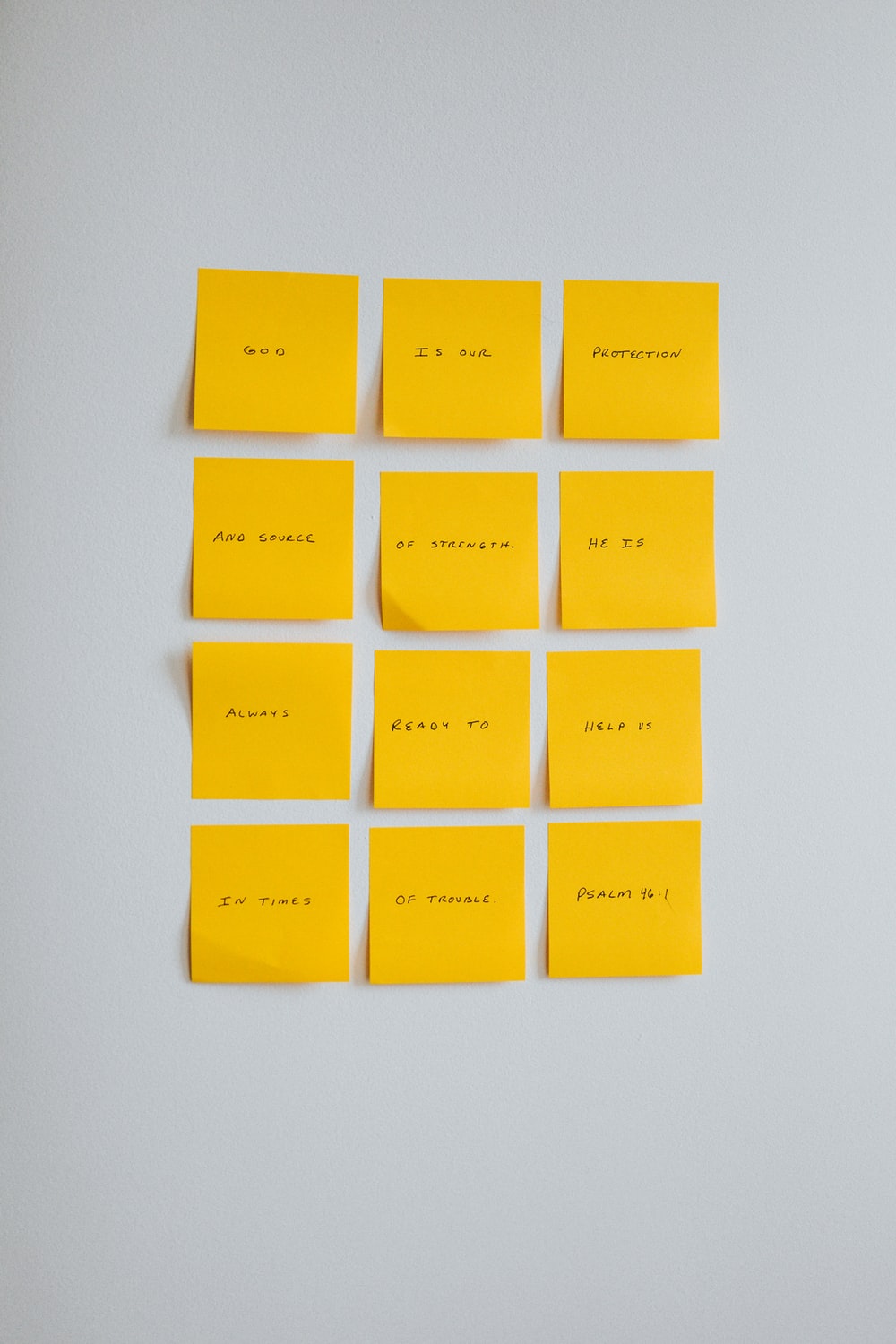 yellow sticky notes on white wall photo