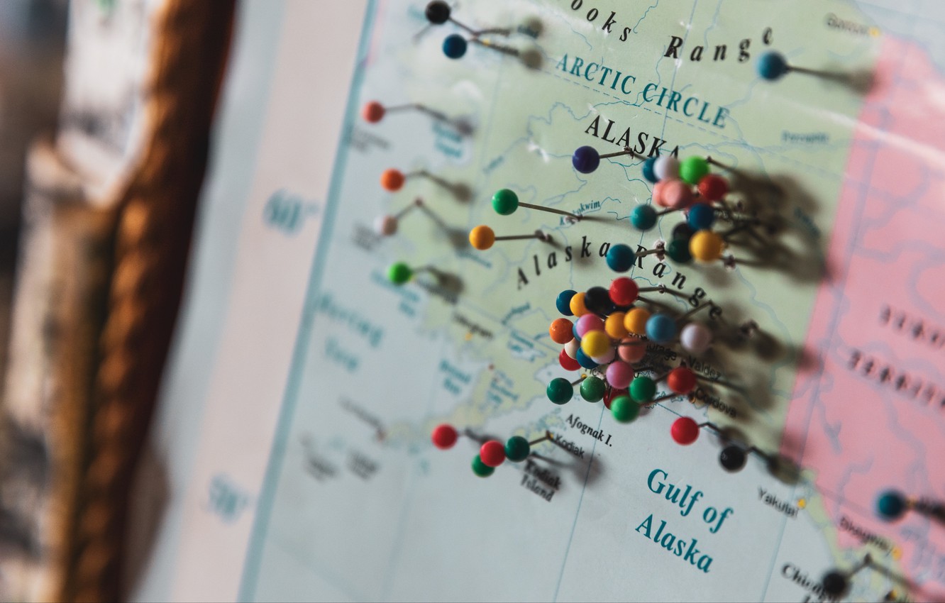 Wallpaper wallpaper, Alaska, macro, blur, map, travel, pins, 4k ultra HD background, tags image for desktop, section макро