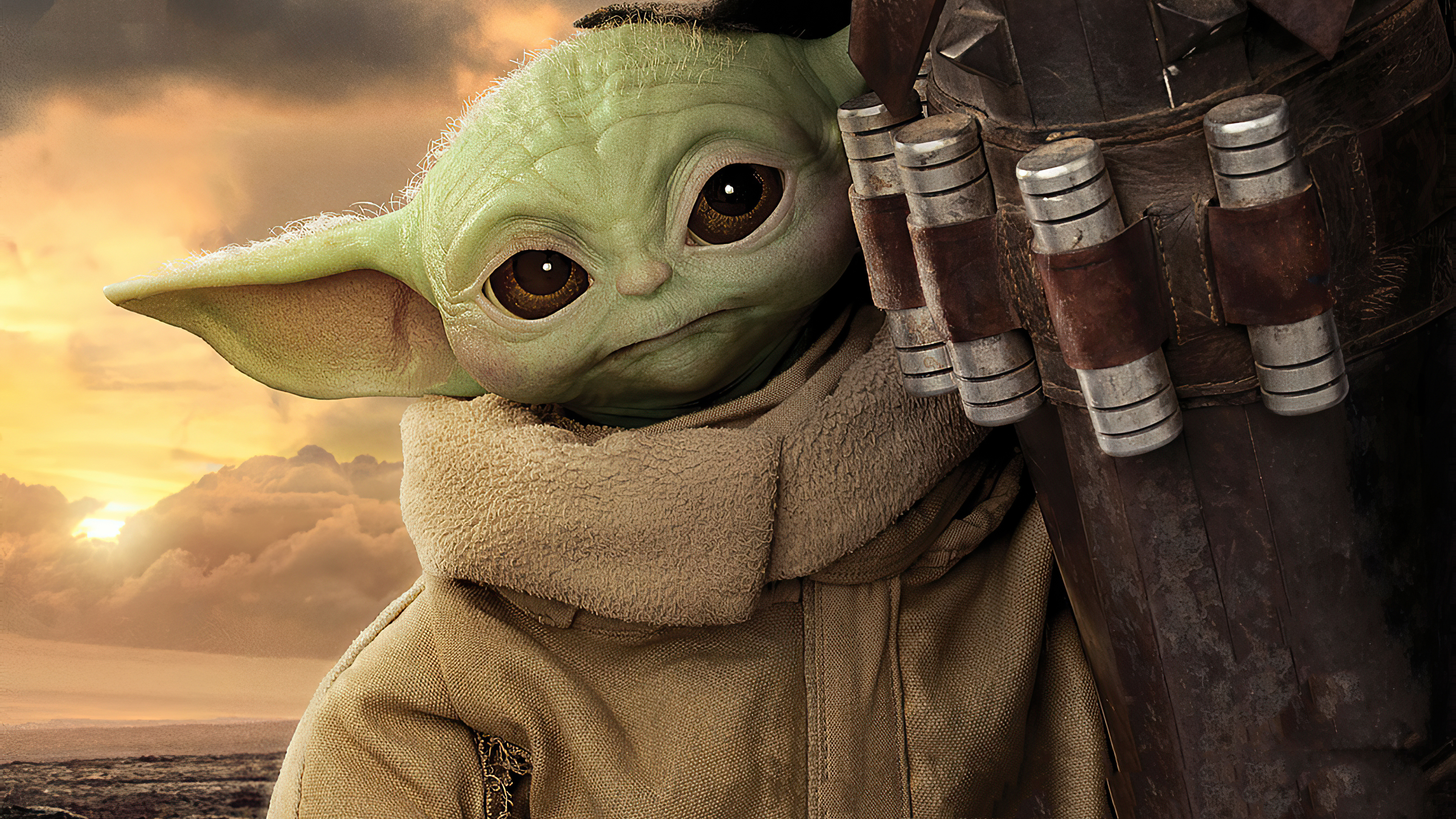 Baby Yoda Star Wars Green Baby Yoda With Background Of Clouds And Sunrise 4K HD Movies Wallpaper