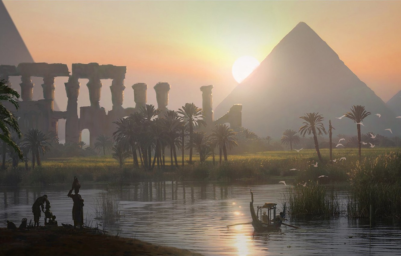 Wallpaper pyramid, Egypt, Raphael Lacoste, Origins, Assassin's Creed Origins, Dusk on the Nile Valley image for desktop, section игры
