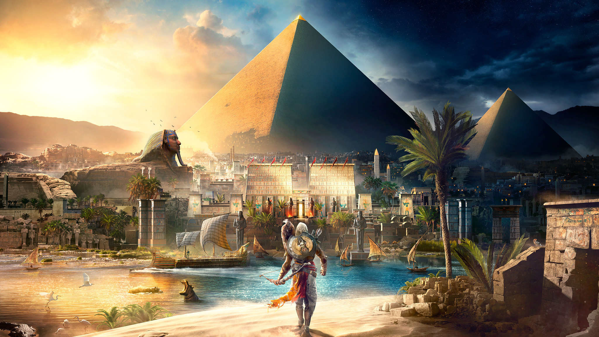 Assassins Creed, Egypt, Pyramids of Giza, Bayek, Eagle, Ubisoft, Landscape, Boat, River, Nile, Video games, Sphynx, Assassins Creed: Origins Wallpaper HD / Desktop and Mobile Background