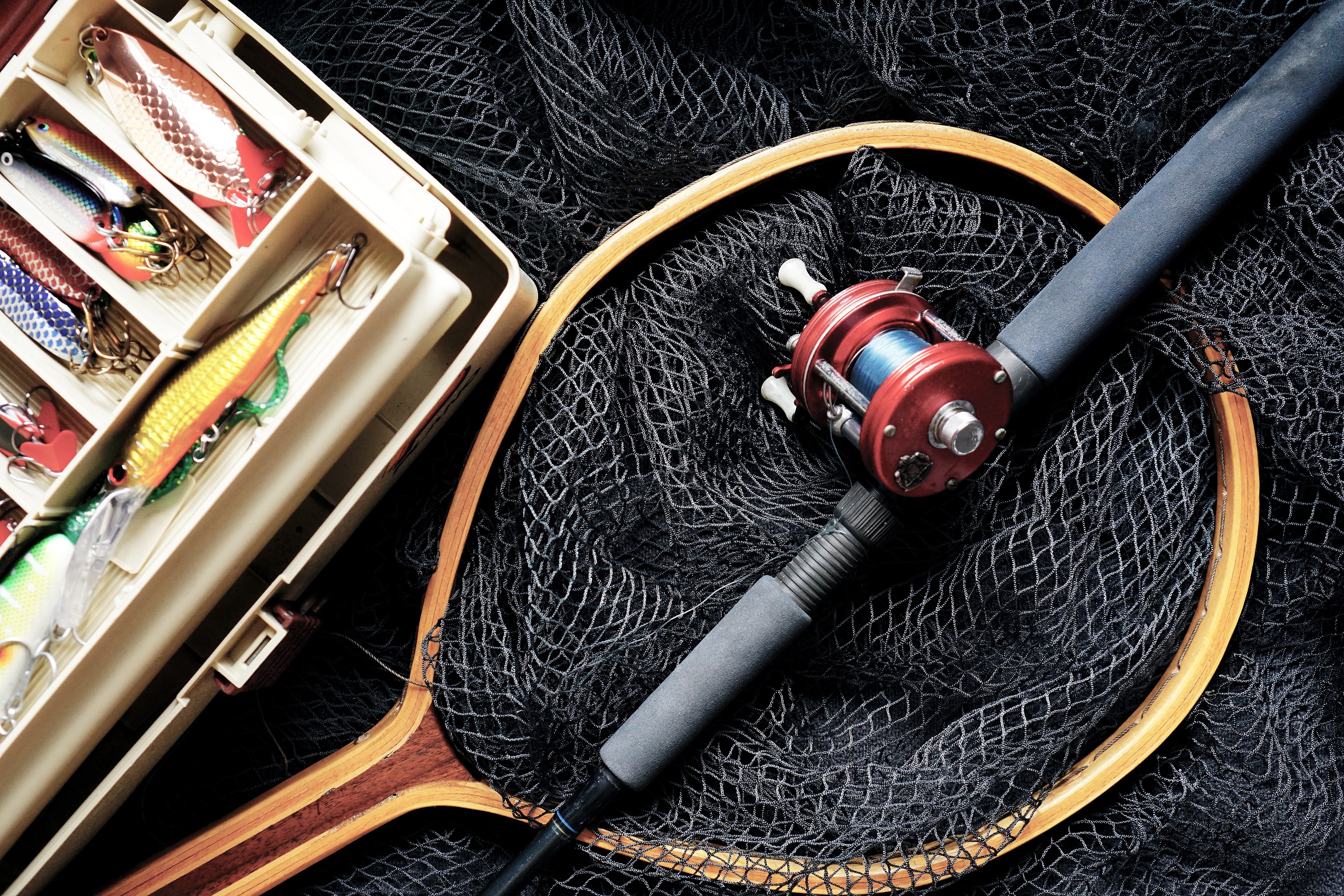 Fishing Rod, Reel, Tackle, Lures and Fishing Net HD Wallpaper