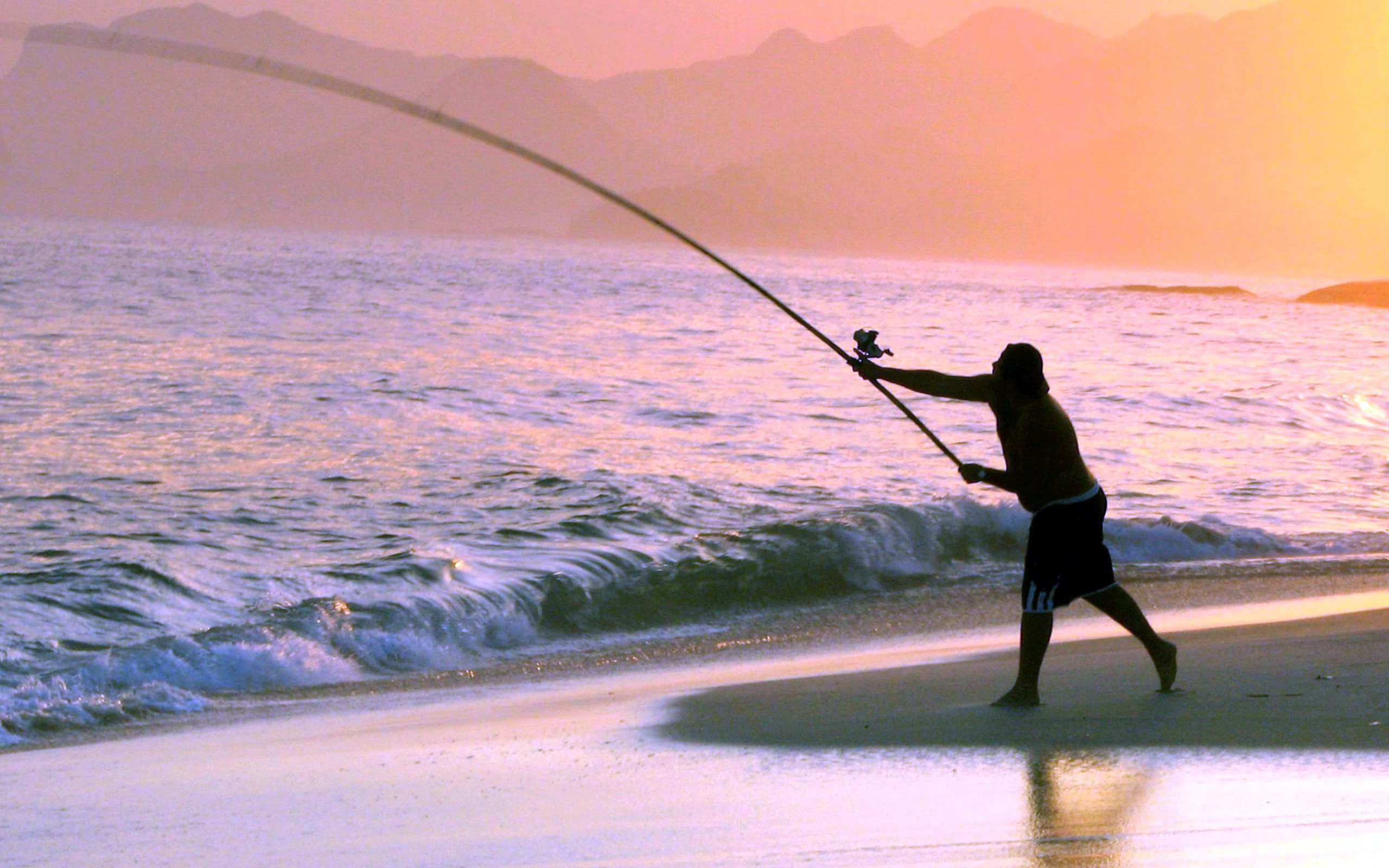 Wallpaper, 2560x1600 px, beach, dawn, fisherman, fishing rod, ocean, sea, sunset 2560x1600