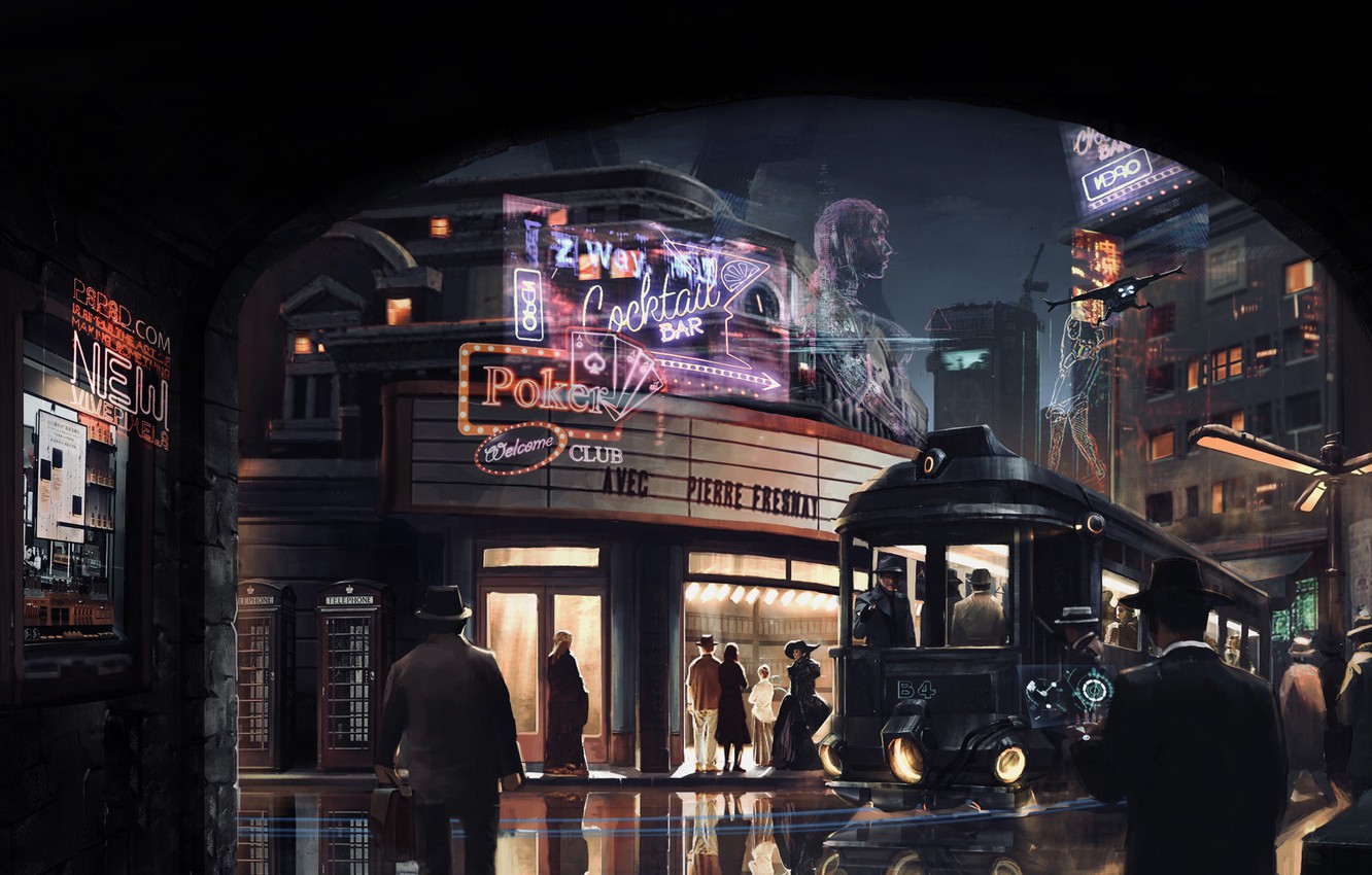 Wallpaper Night, The city, Neon, Street, People, City, Fantasy, Architecture, Art, Club, Concept Art, Cyberpunk, Signs, by Xi Xhang, Cyberpunk China, Institution image for desktop, section фантастика