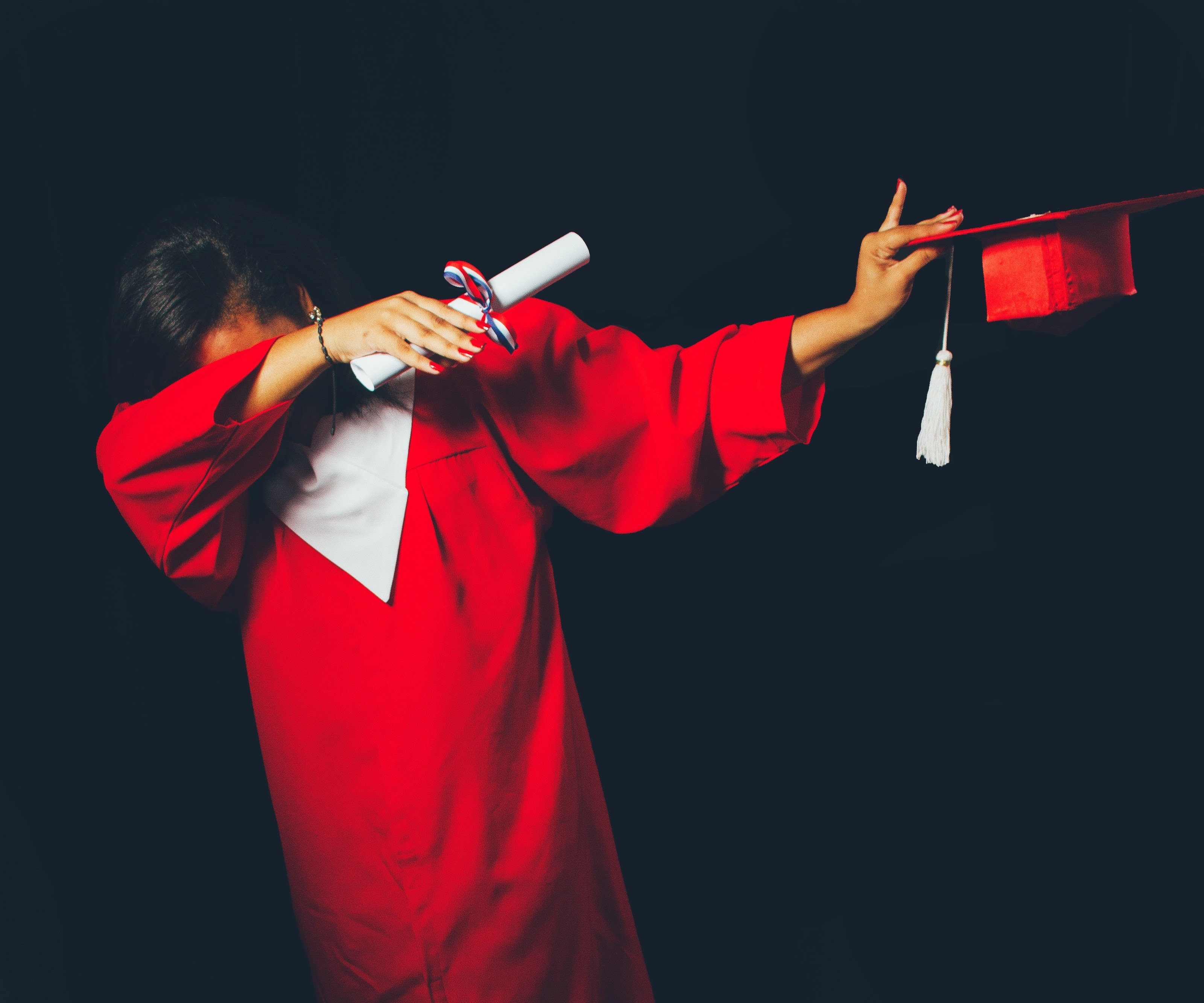 3200x2664 #female, #university, #red gown, #dab, #Creative Commons image, #brown hair, #woman, #happy, #graduate, #college, #black background, #person, #red cap, #cap, #student, #school, #brunette, #graduation HD Wallpaper
