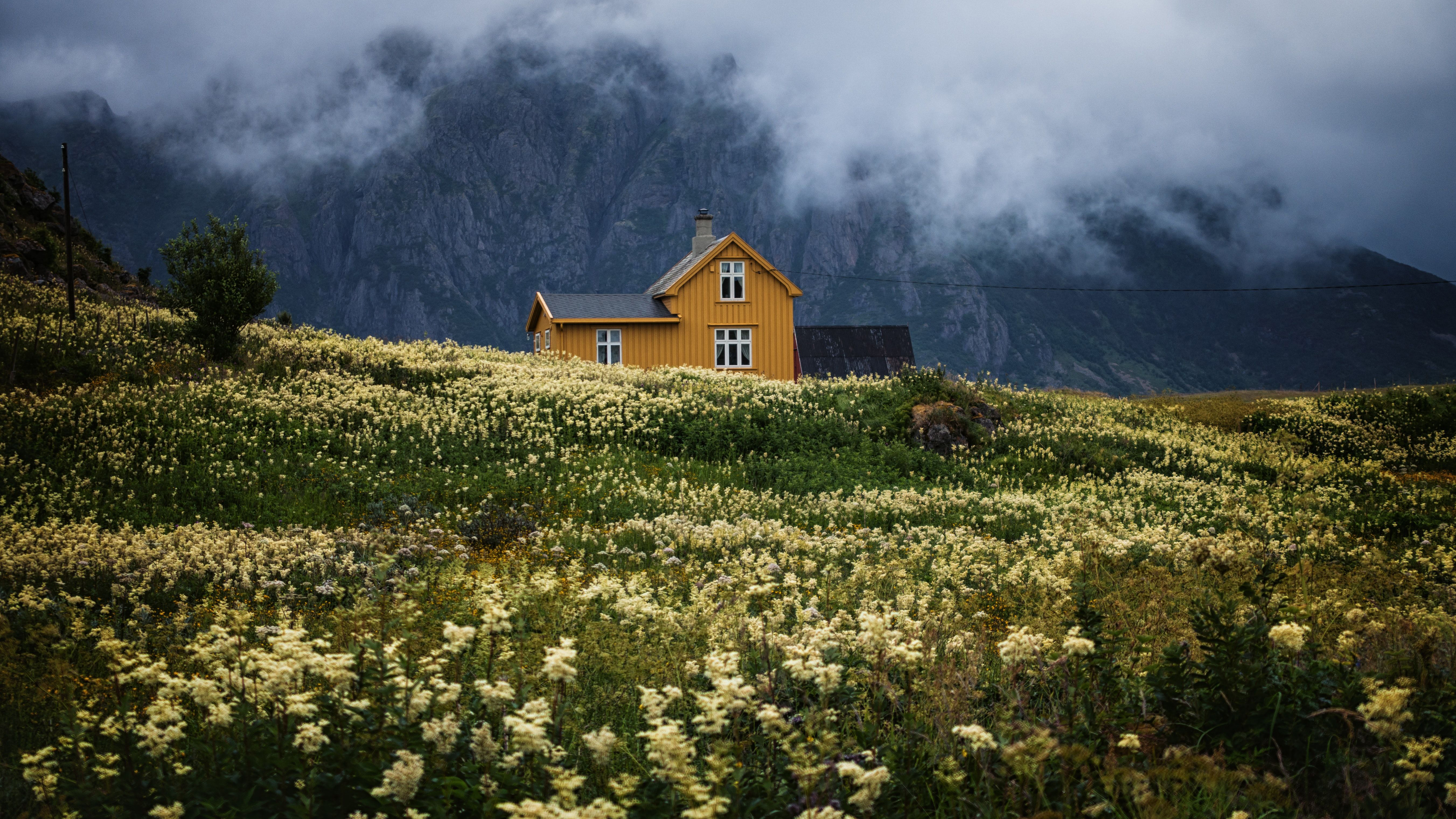 Beautiful Cottage And Field With Flowers In Background Of Clouds Touching Mountain 4K 5K HD Cottagecore Wallpaper
