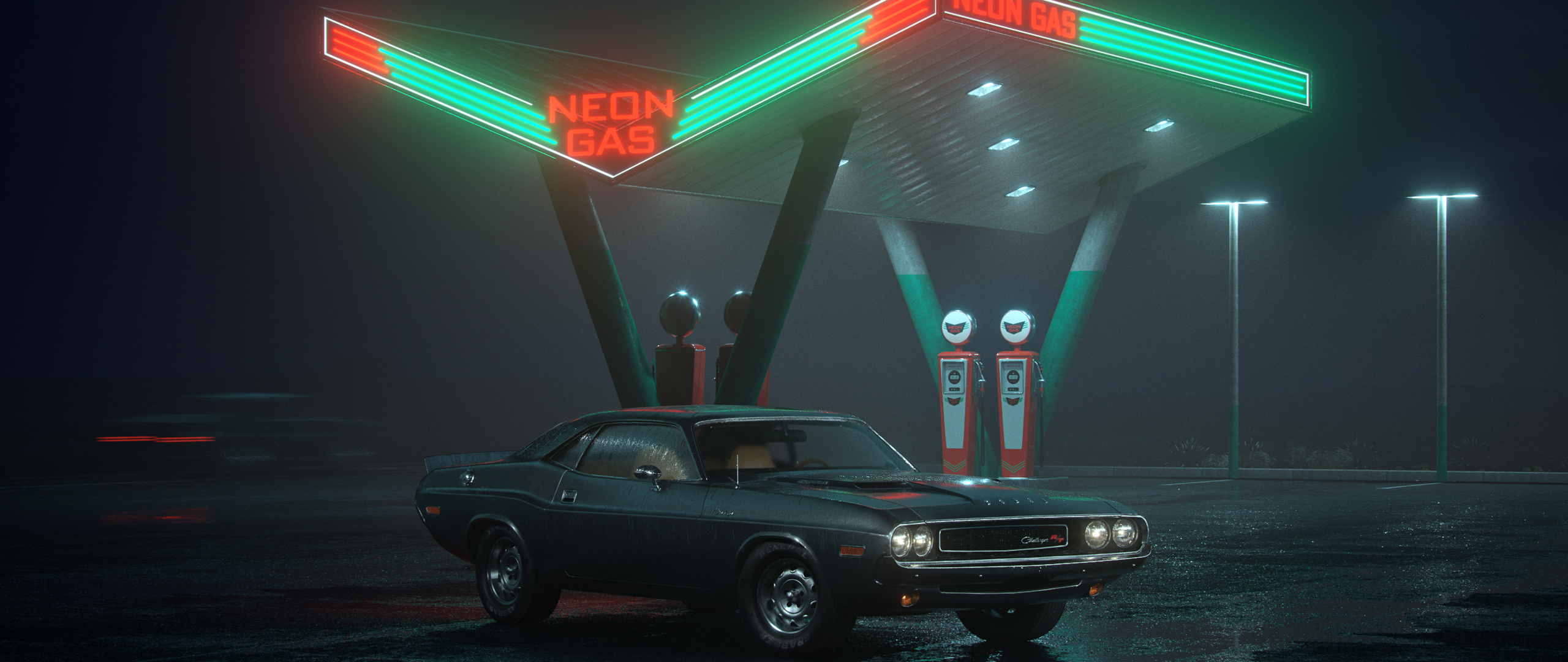 Dodge Challenger RT At Neon Gas Station 2560x1080 Resolution HD 4k Wallpaper, Image, Background, Photo and Picture