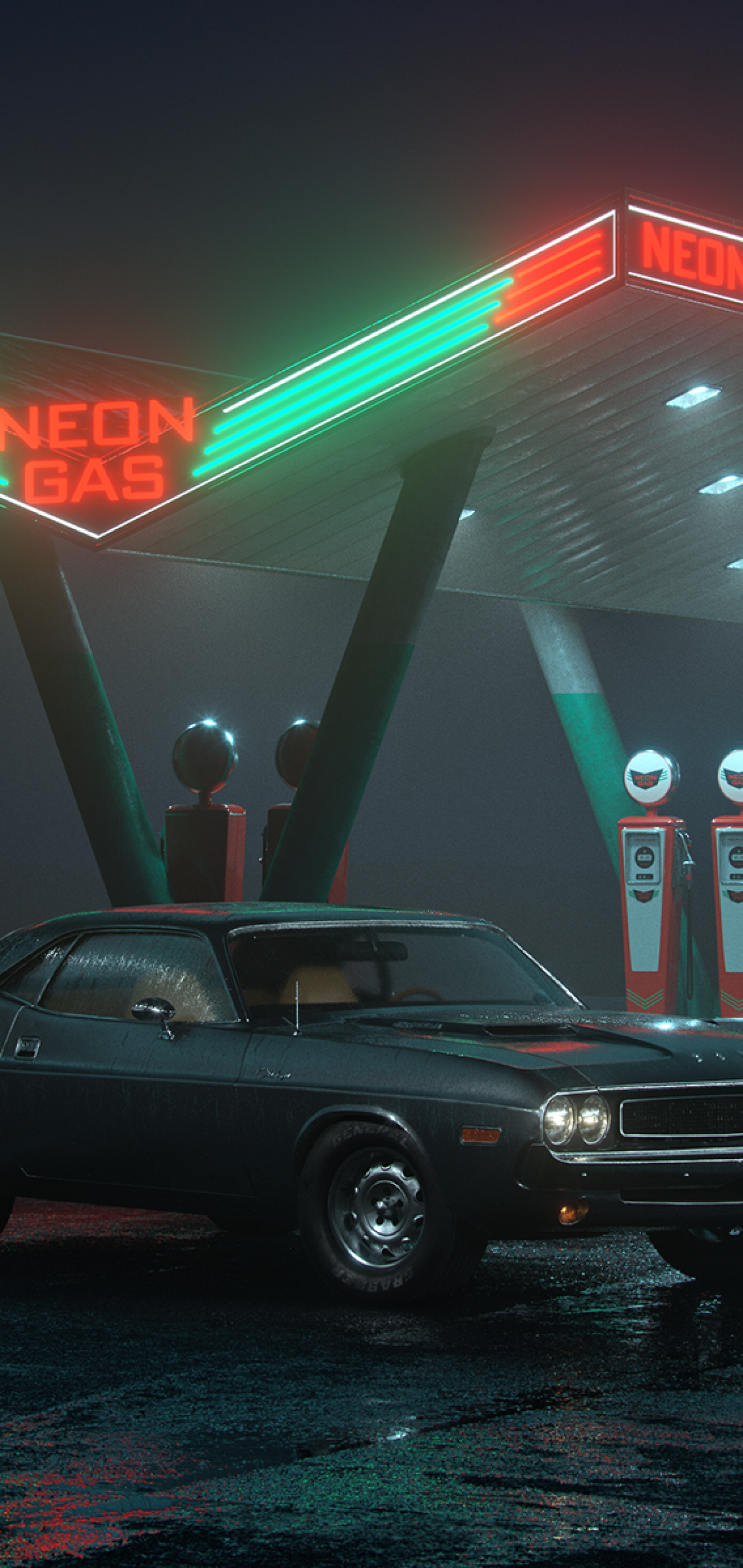 Download 1440x3040 Futuristic City, Retro Car, Gas Station Wallpaper for Samsung Galaxy Note Plus & S10 Plus