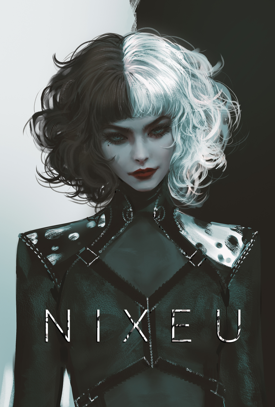 Wallpaper, cruella, Cruella de Vil, Emma Stone, Disney, Nixeu, women, white hair, black hair, latex, artwork, fan art, illustration, digital art 947x1400