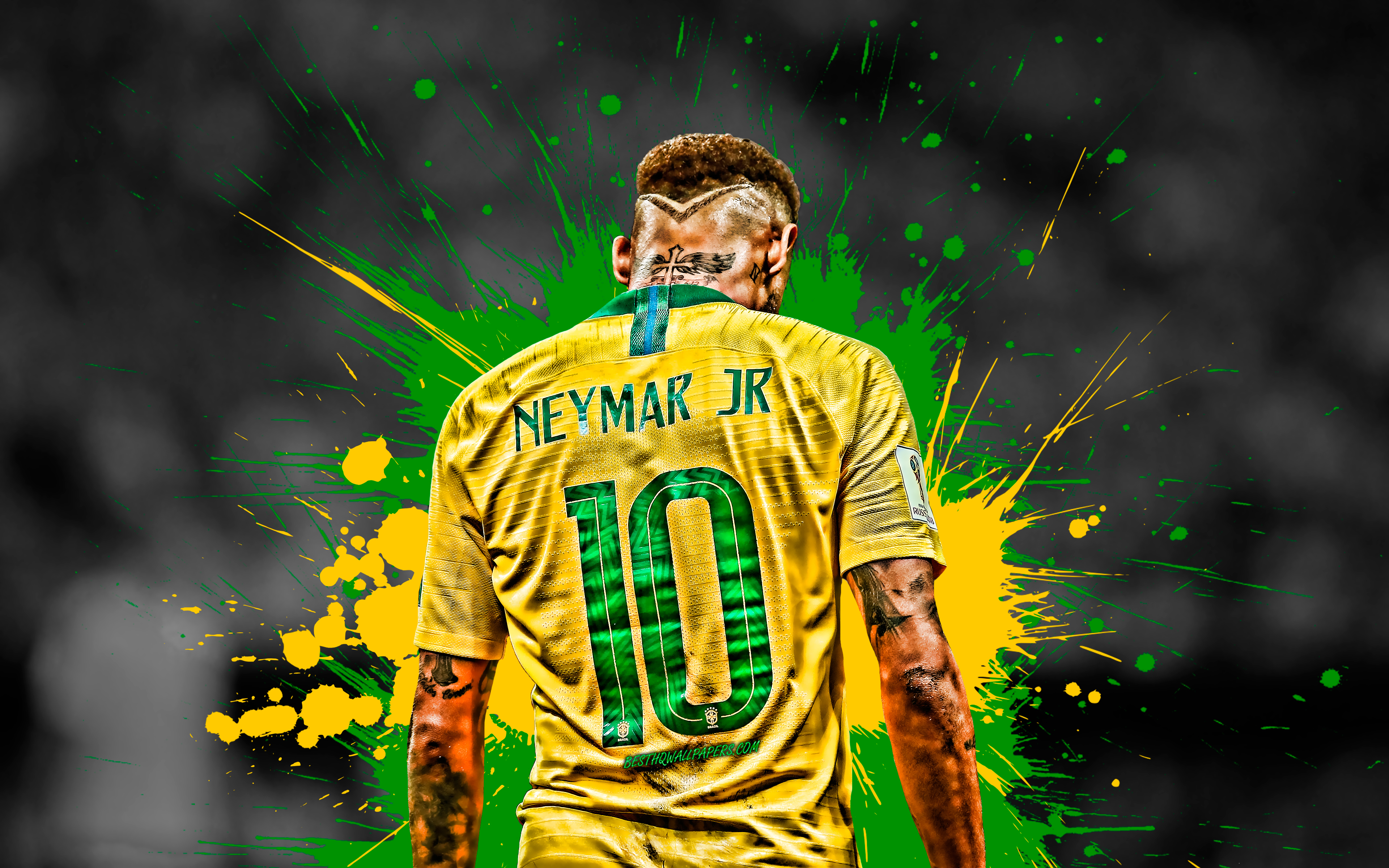 Download wallpaper 4k, Neymar, back view, green and yellow blots, Brazil National Team, football stars, Neymar JR, soccer, joy, creative, grunge, Brazilian football team for desktop with resolution 3840x2400. High Quality HD