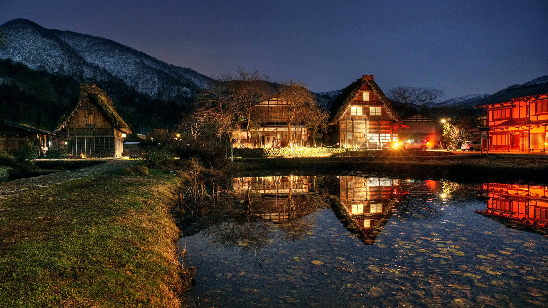 Wallpaper Japan Village Shirakawa Mura Pond Night Time 1920x1080