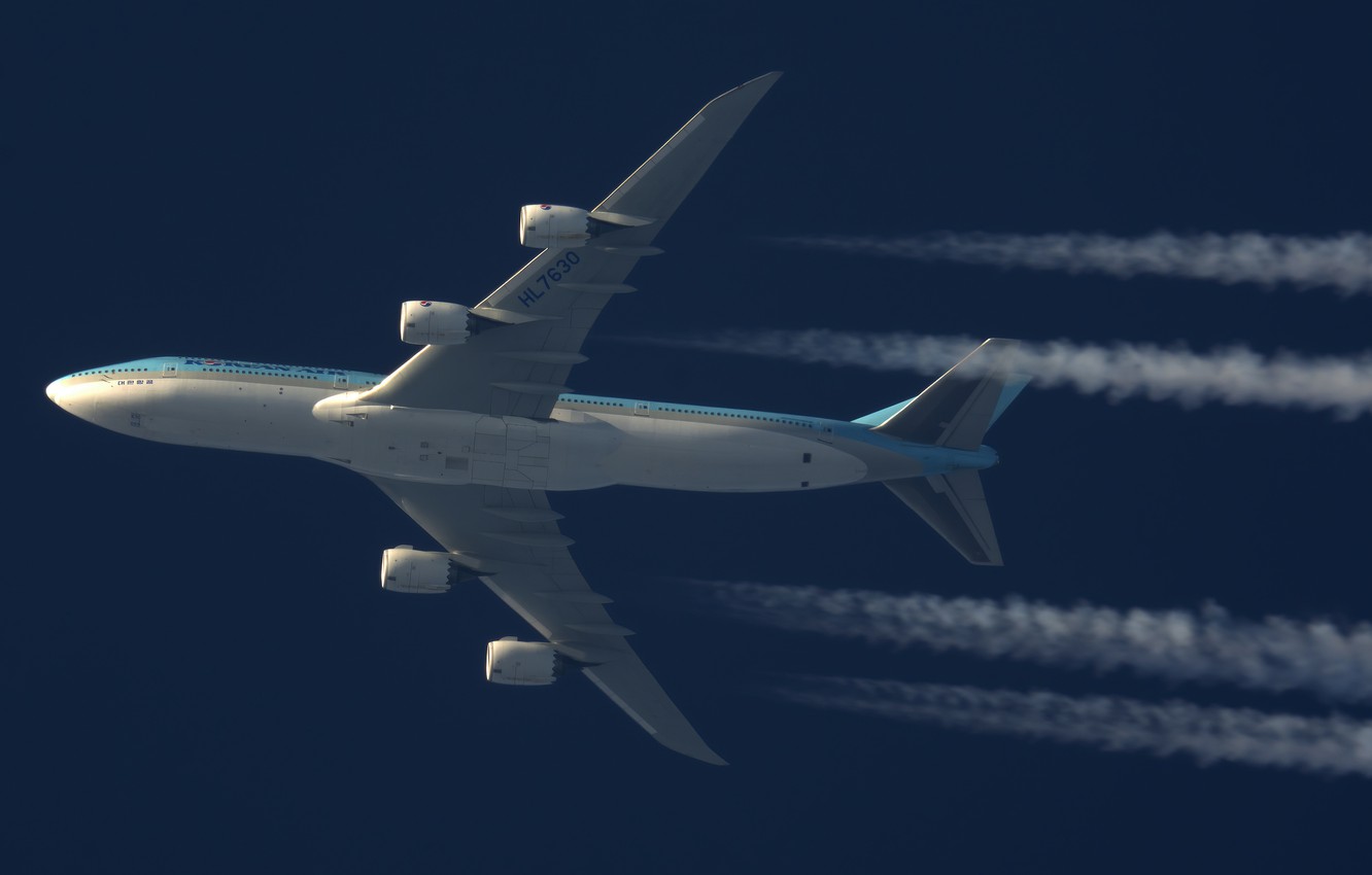 Wallpaper The Plane, Boeing, Boeing 747 8 Intercontinental, Airliner, Boeing 747, Korean Air, In Flight, Contrail Image For Desktop, Section авиация
