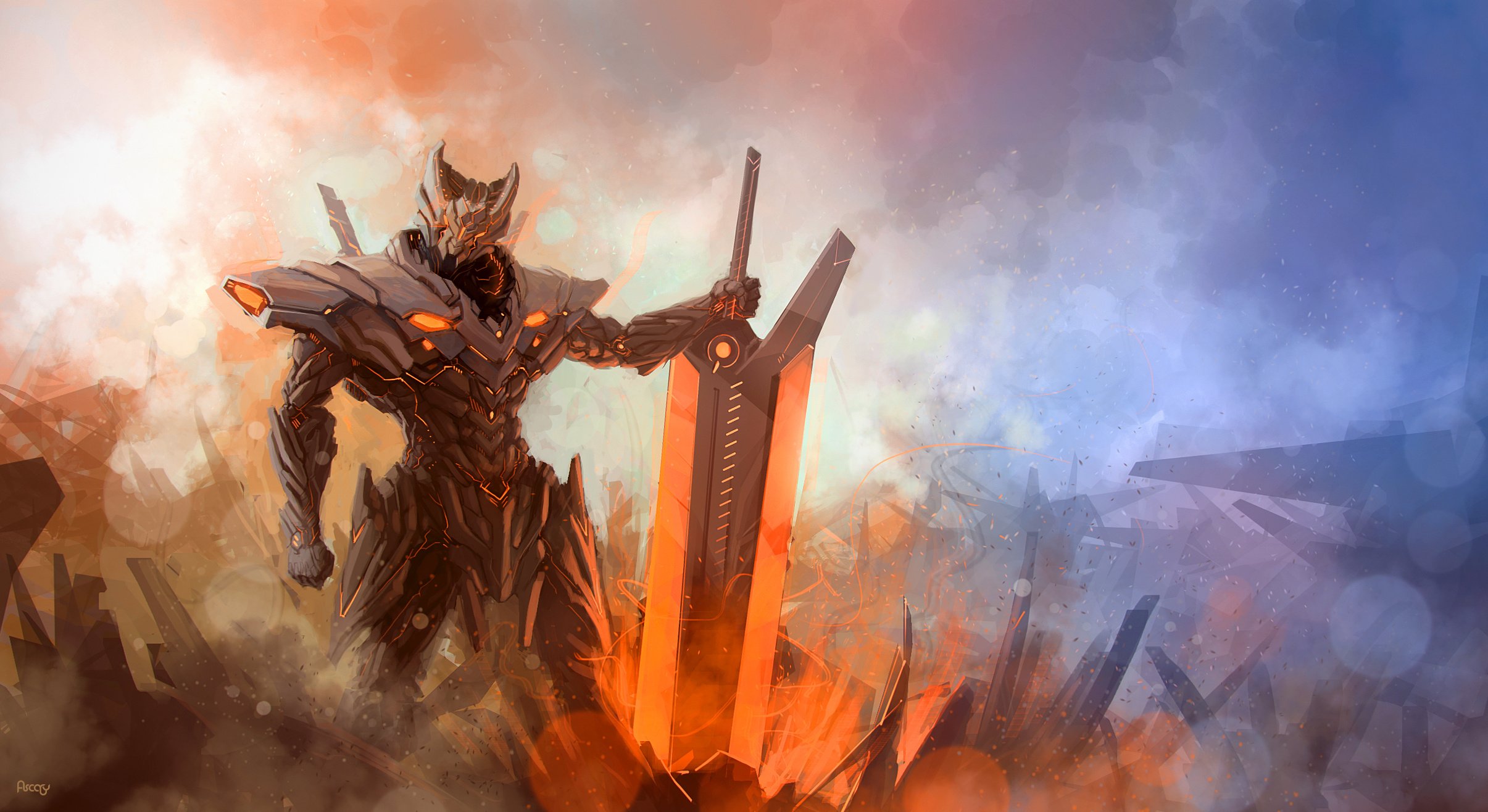 fog, Warrior, Armor, Sword, Energy, Hi tech, Fantasy, Sci fi Wallpaper HD / Desktop and Mobile Background