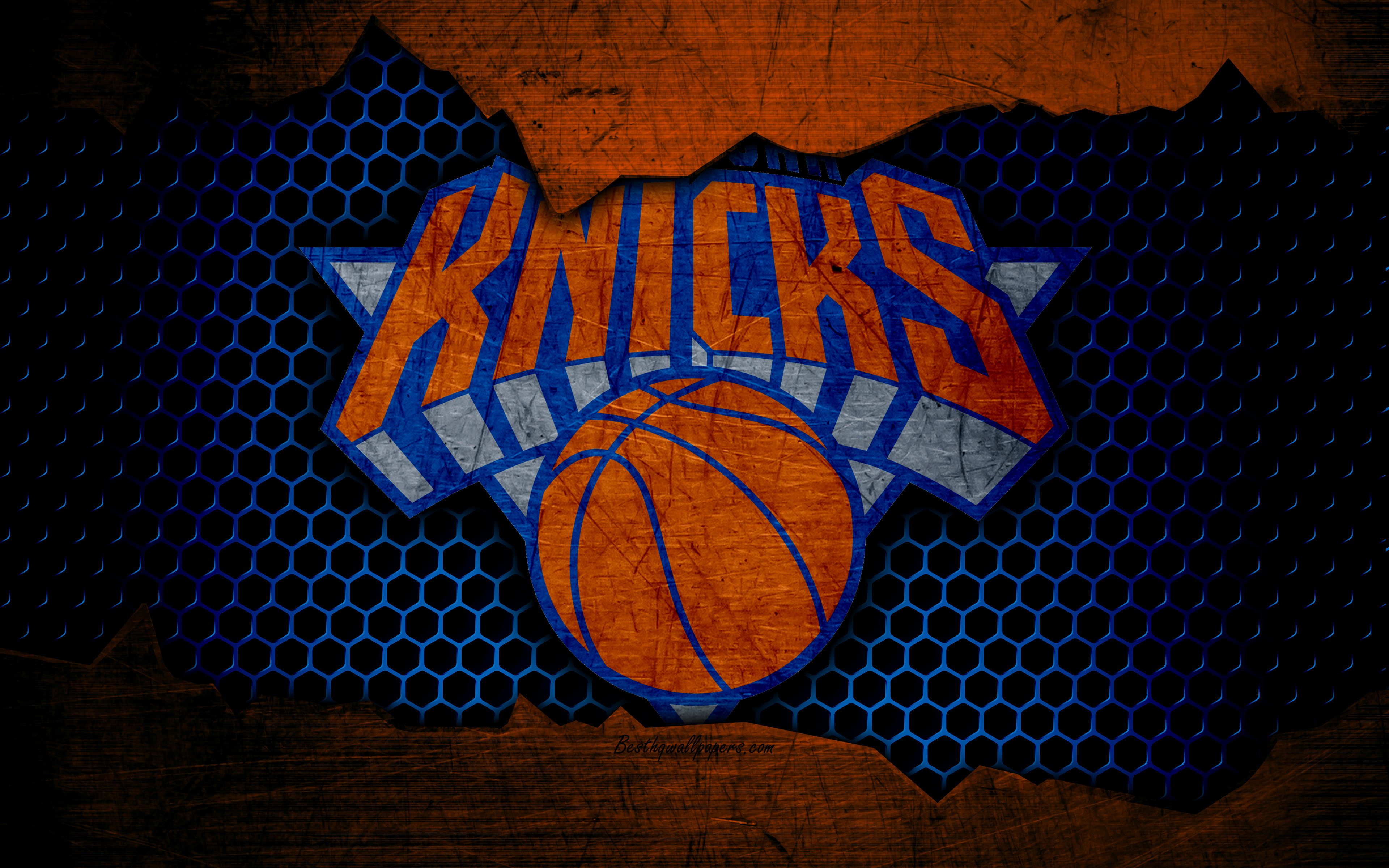 Download wallpaper New York Knicks, 4k, logo, NBA, basketball, NY Knicks, Eastern Conference, USA, grunge, metal texture, Atlantic Division for desktop with resolution 3840x2400. High Quality HD picture wallpaper