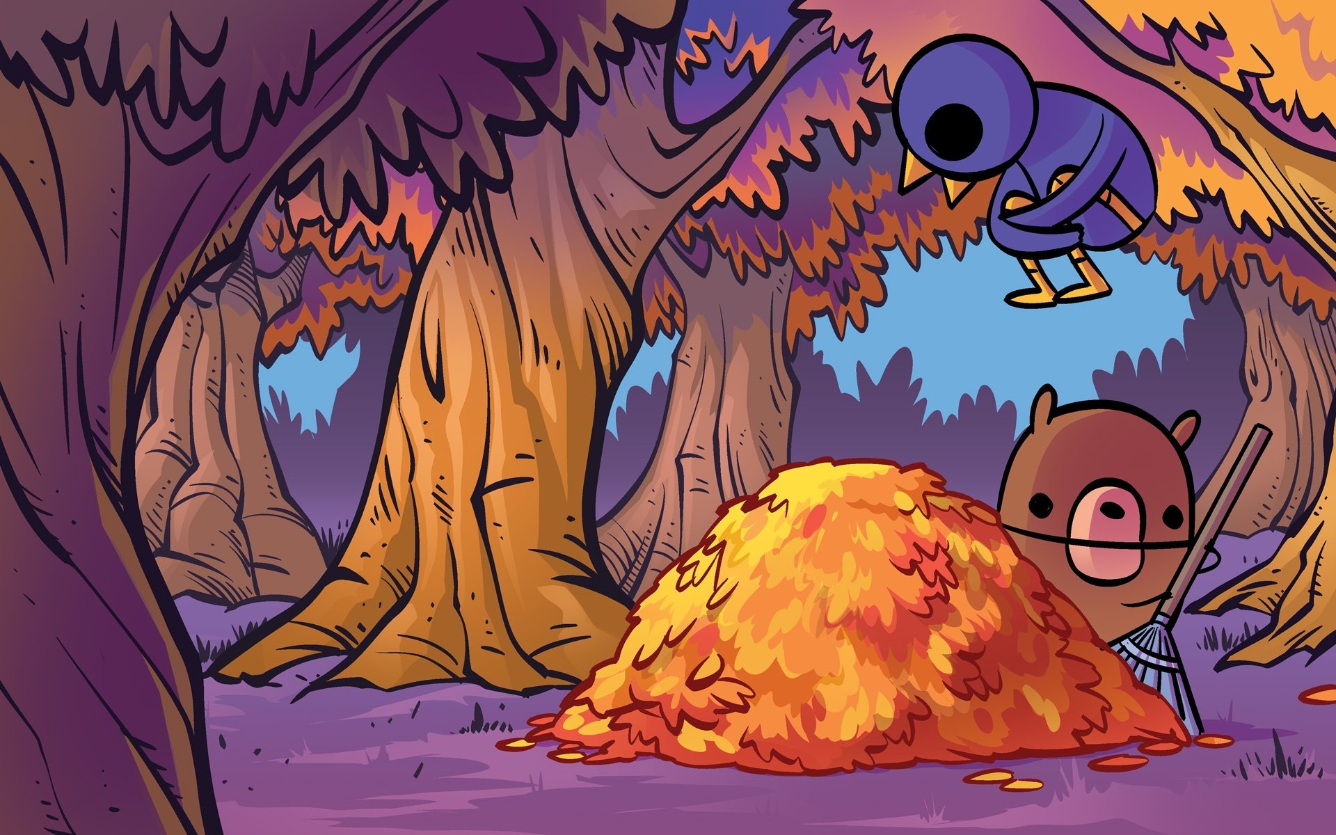 Art, Nedroid, Cute, Cartoon, Bears, Birds, Trees, Forest, Woods, Leaves, Nature, Autumn, Fall Wallpaper HD / Desktop and Mobile Background