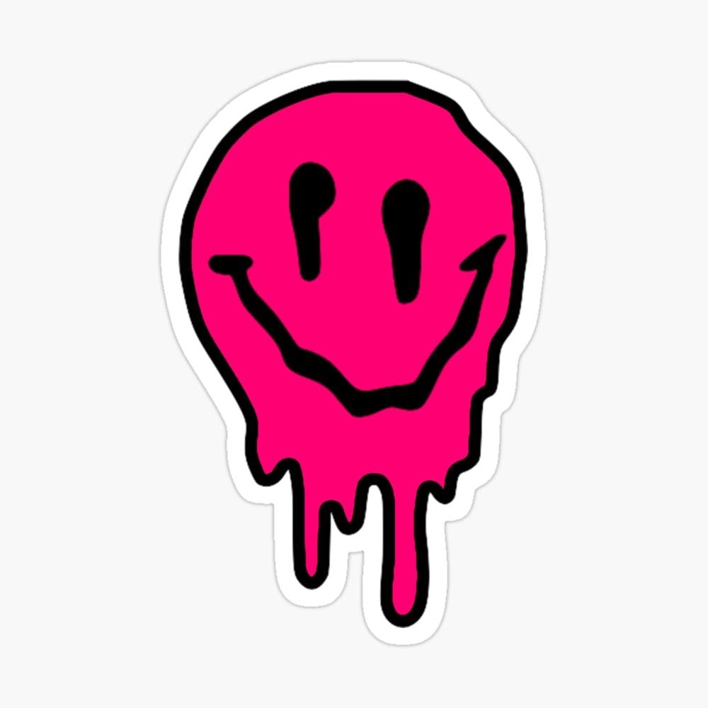 Hot pink smiley drip black face black outline Sticker by abbyfischler. Smiley face tattoo, Preppy stickers, Face outline