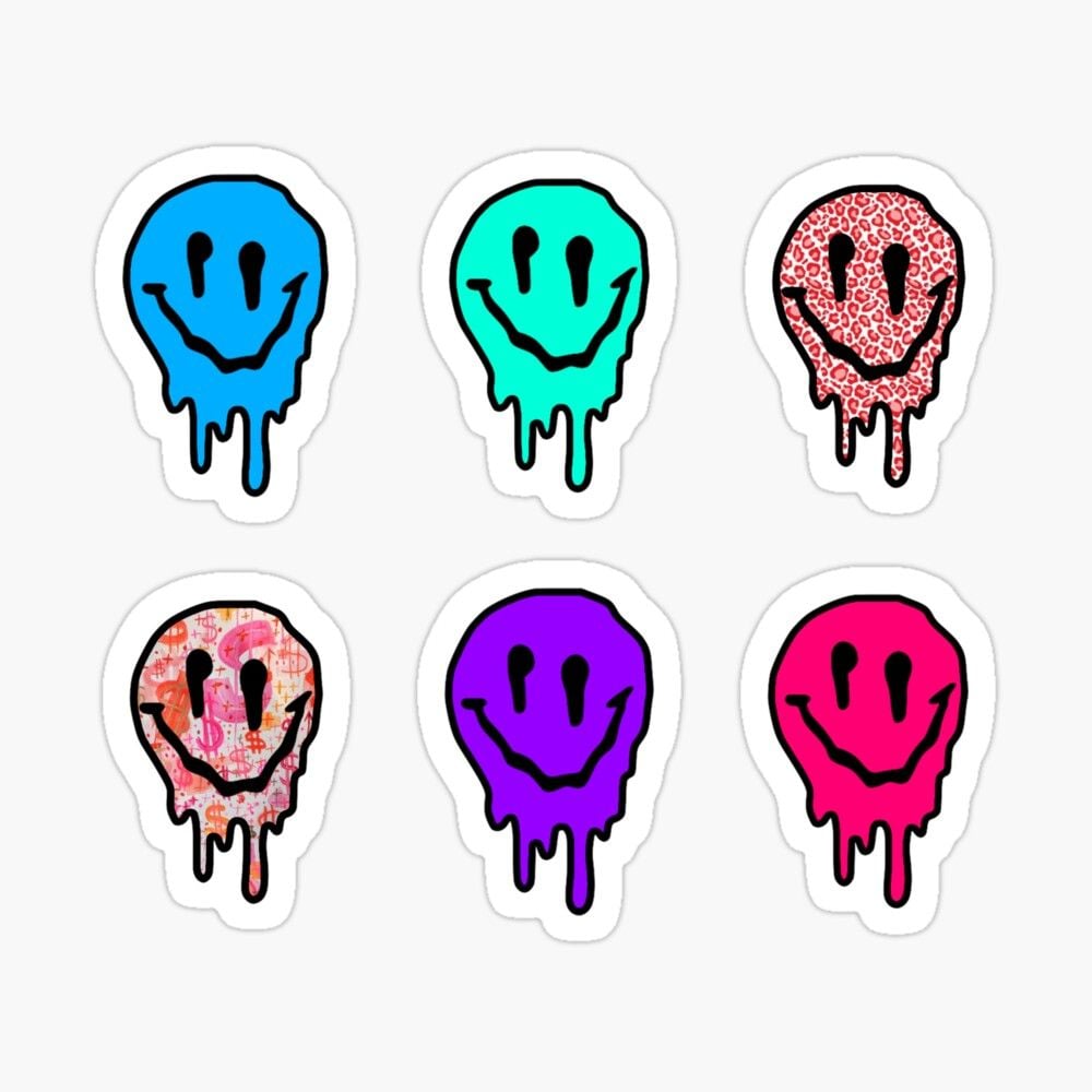 Assorted color and print drip smiley faces Sticker by abbyfischler. Cartoon smiley face, Drip smiley face wallpaper, Preppy stickers