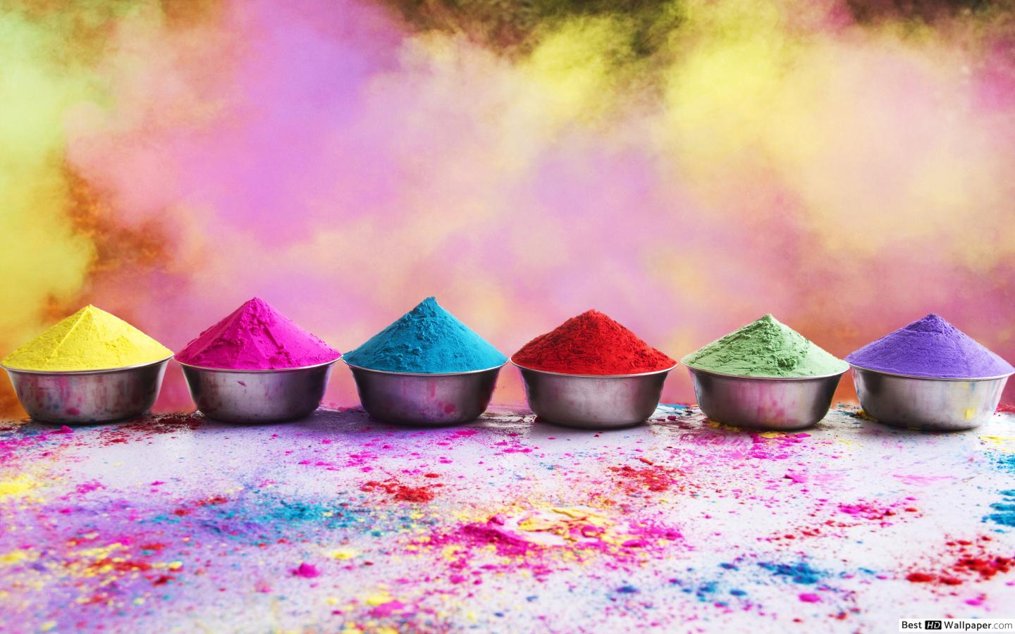 Bowls of colorful powder for Holi Festival HD wallpaper download