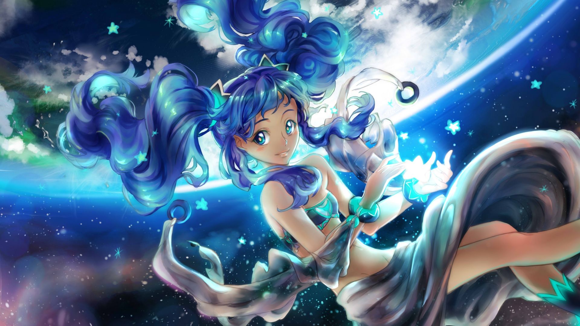 Desktop wallpaper moon light, blue hair, anime girl, dive, artwork, HD image, picture, background, fcbd15