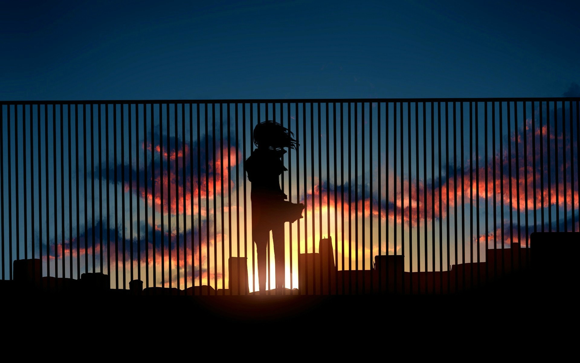 Wallpaper, digital art, sunset, night, anime girls, reflection, silhouette, skyline, evening, horizon, fence, light, shape, line, darkness, screenshot, computer wallpaper, font 1920x1200