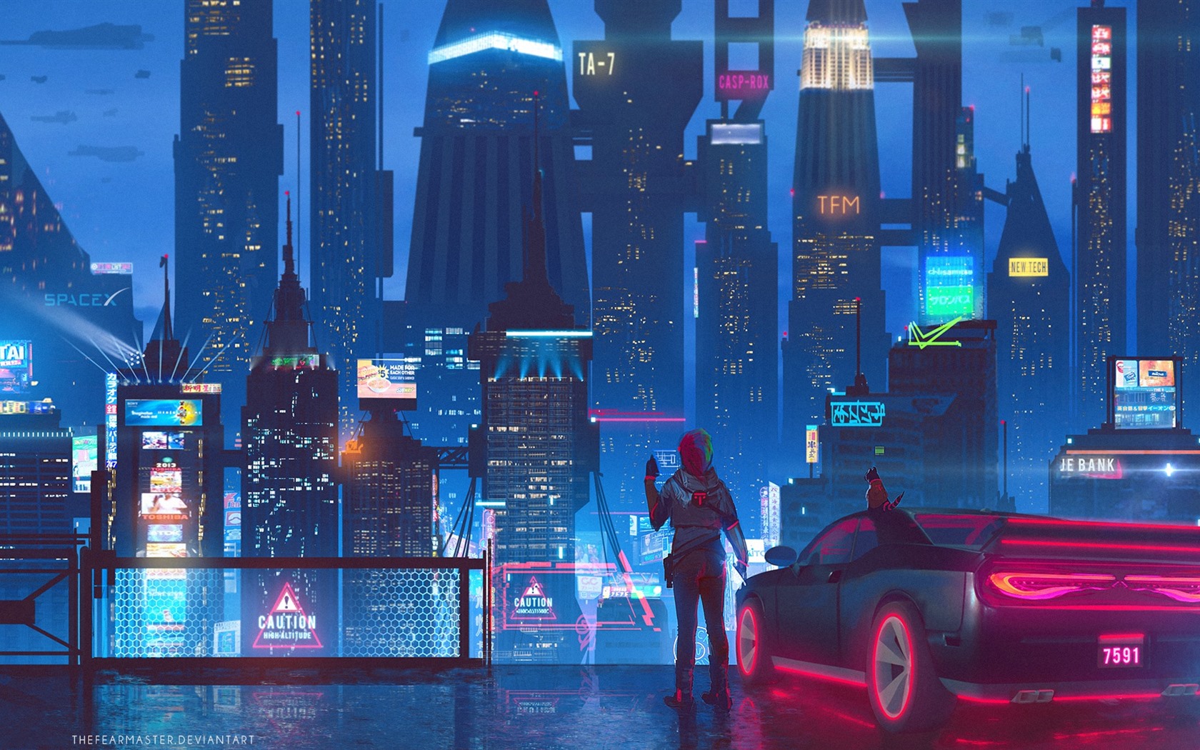 Wallpaper Future city, skyscrapers, lights, night, girl, art picture 1920x1080 Full HD 2K Picture, Image