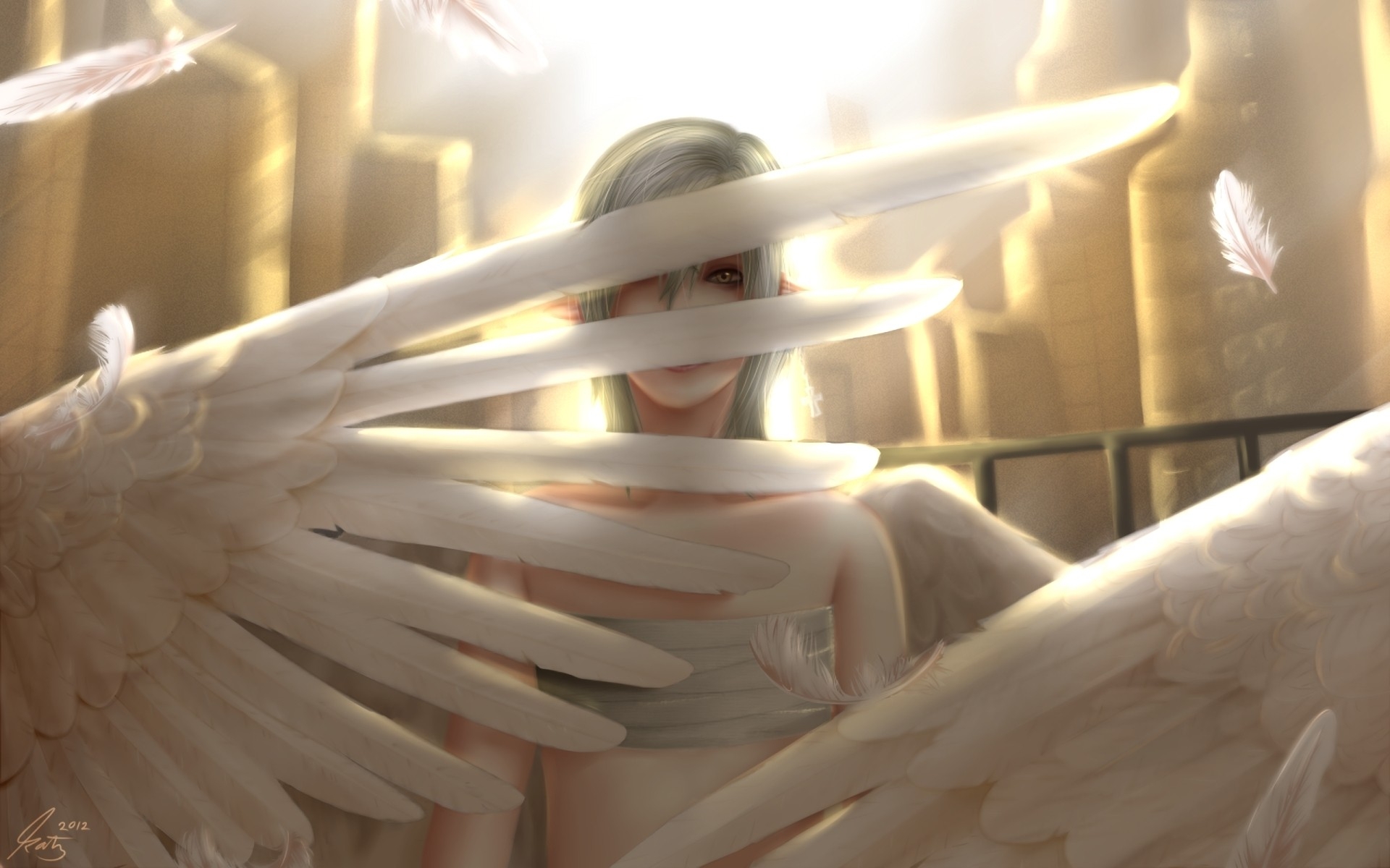 light wings feathers heaven fantasy art artwork bandages anime girls angel 1920x1200 wallpaper High Quality Wallpaper, High Definition Wallpaper